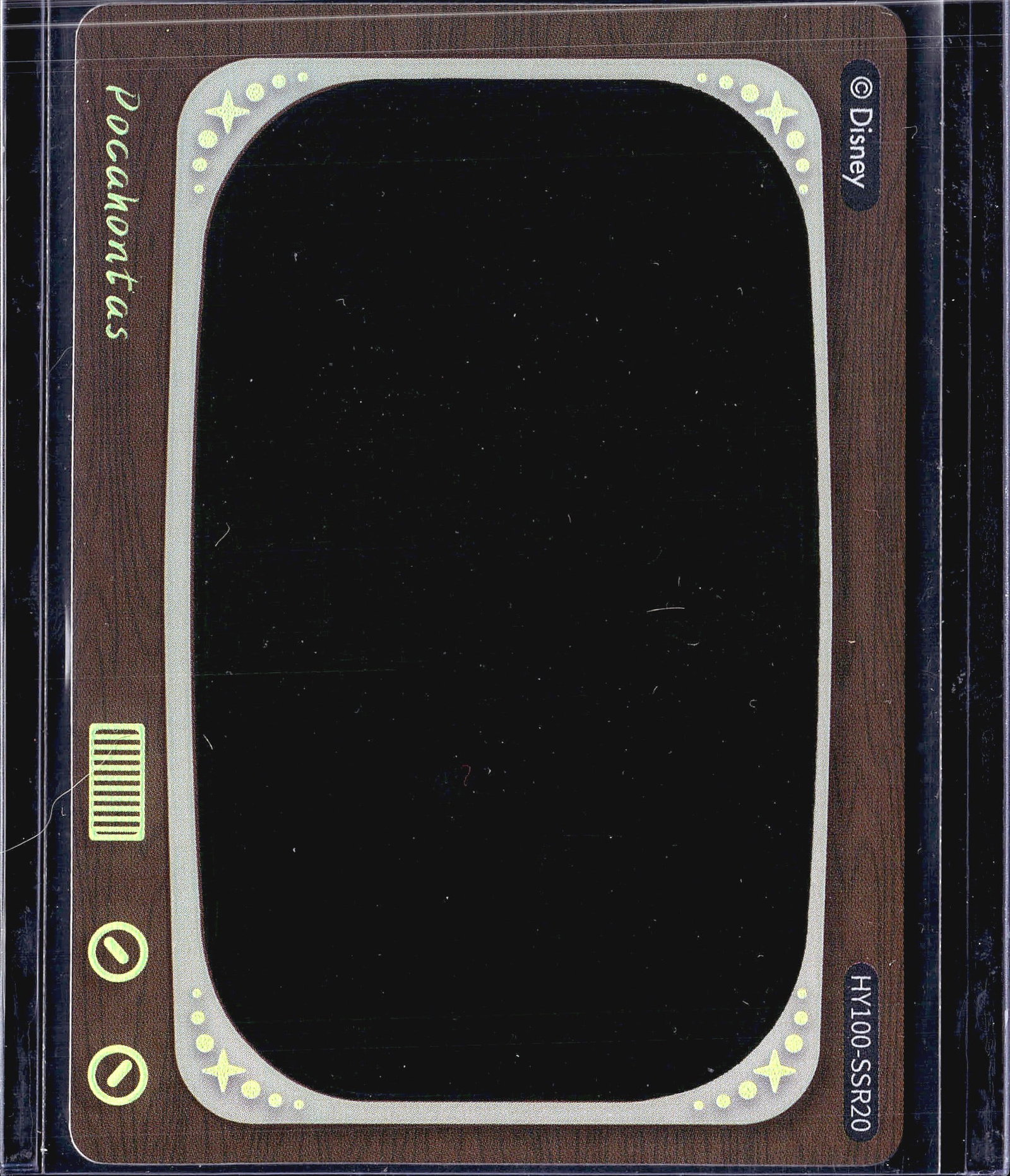 Disney 100 Pocahontas Heat Activated Movie: This is an official Disney 100th Anniversary Heat Activated Movie Scenes card by Card Fun, featuring Pocahontas. The card number is HY100-SSR20. The card displays a retro vintage television set design