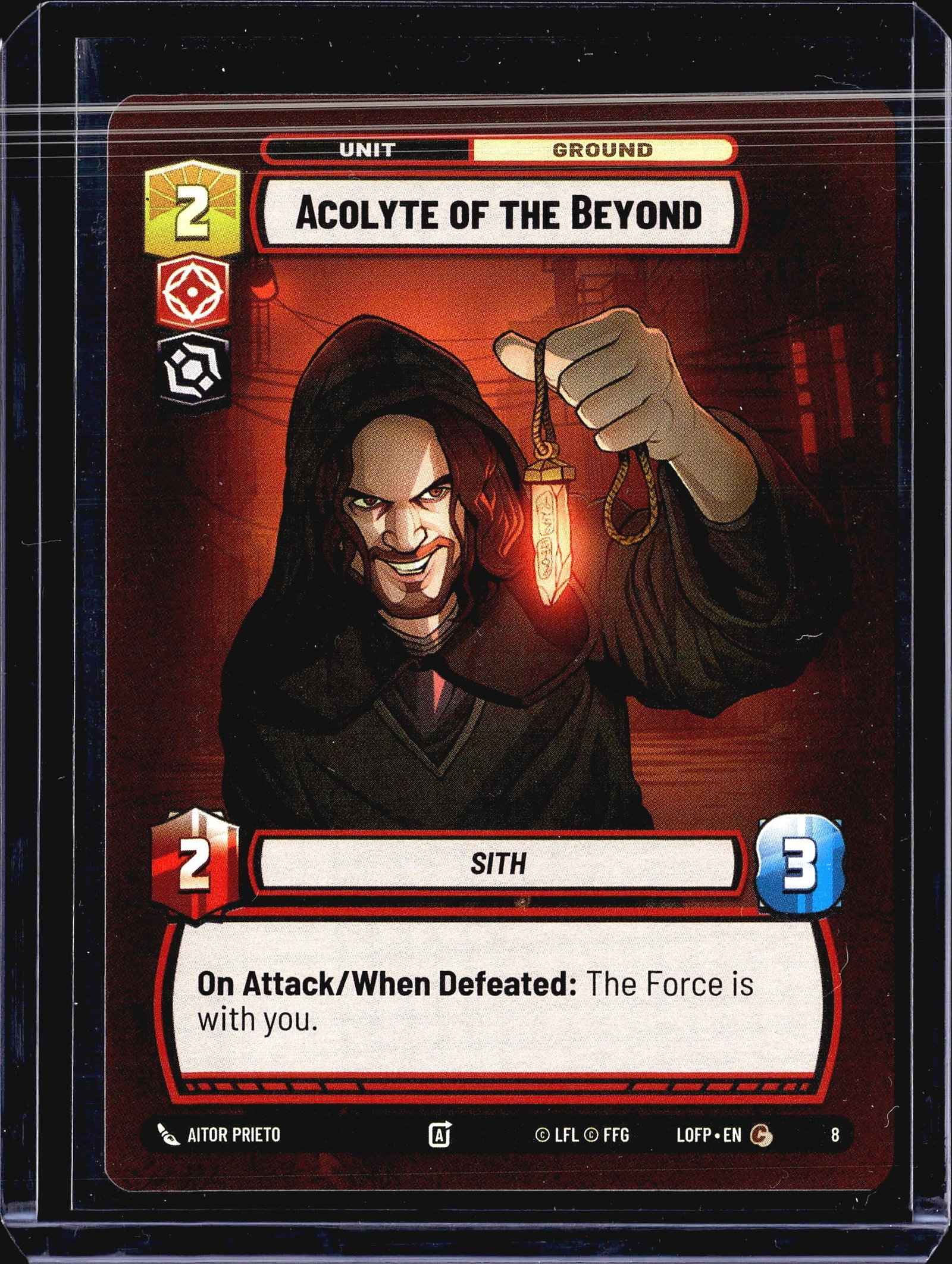 2024 Fantasy Flight Games Legends of the Force: This listing is for the Acolyte of the Beyond (card #8) from the Star Wars Unlimited trading card game set Legends of the Force (LOFP). It is a Ground Unit card affiliated with the Sith trait,