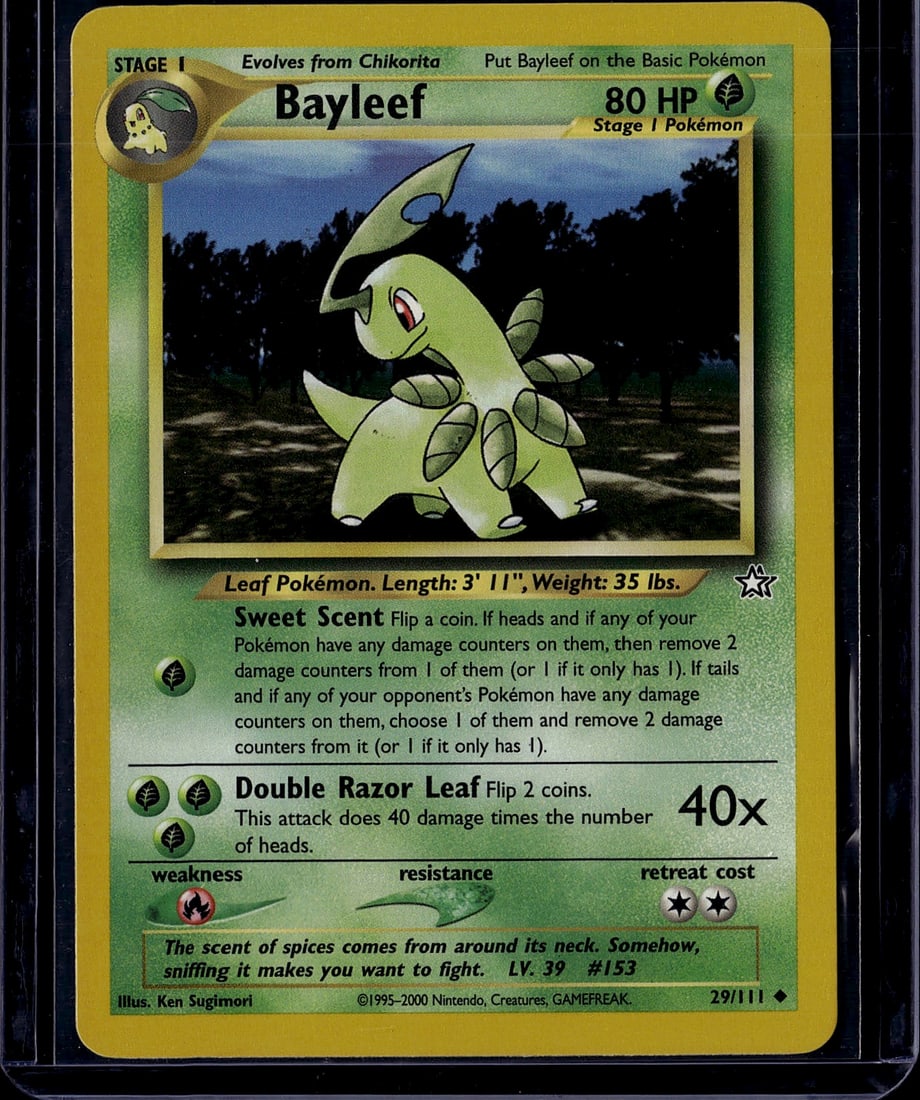 Bayleef 29/111 Neo Genesis 2000 Pokemon Card: This is a raw Bayleef Pokemon Trading Card from the Neo Genesis set, released in 2000 by The Pokemon Company. Card number 29/111, this Stage 1 Grass-type Pokemon evolves from Chikorita and features