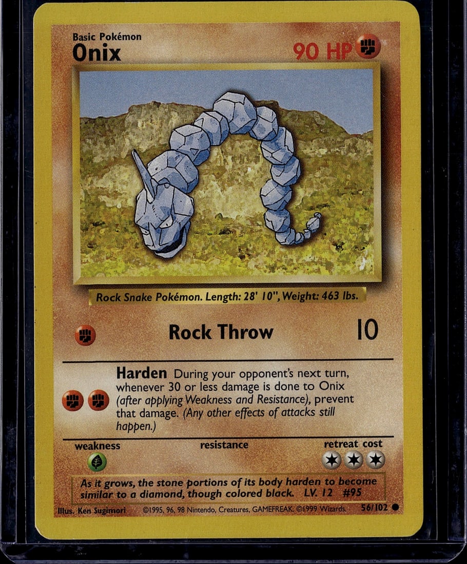 1999 Pokemon Base Set Onix 56/102 Wizards of the: This is a 1999 Wizards of the Coast Pokemon Base Set card featuring Onix, a Rock Snake Pokemon with 90 HP. The card showcases classic early-era Pokemon TCG artwork by Ken Sugimori, depicting Onix in i