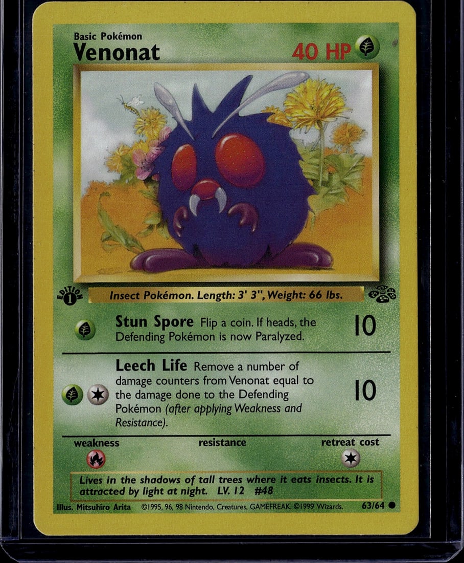 1999 Wizards Venonat Base Set #63/64 Pokemon: This is an authentic 1999 Pokemon Trading Card Game card featuring Venonat from the original Base Set. The card displays card number 63/64 and showcases the classic Mitsuhiro Arita illustration of the