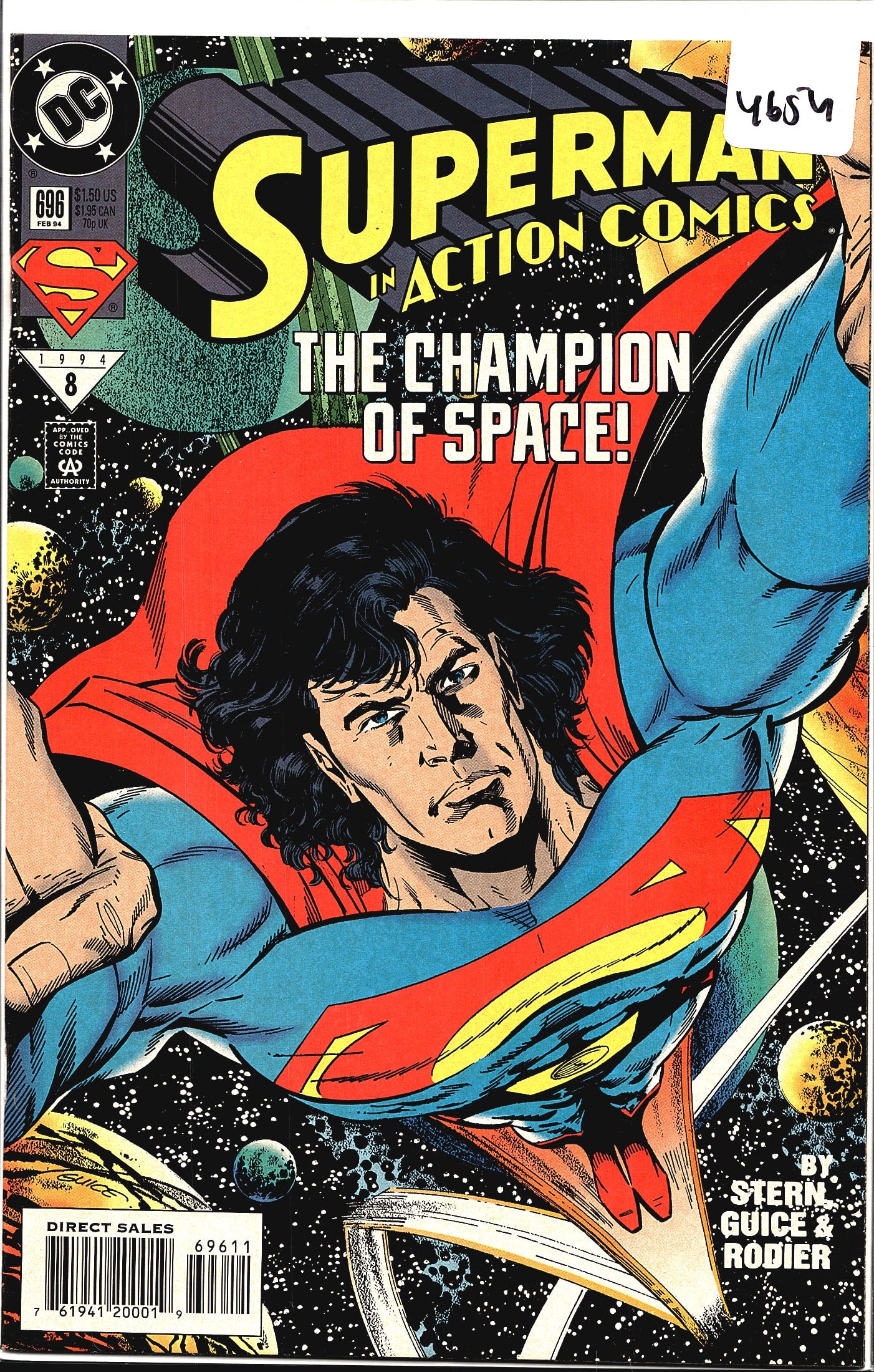 1994 DC Comics Action Comics #696 Superman Comic: Superman in Action Comics #696, published by DC Comics in February 1994. This issue is titled 'The Champion of Space!' and features story and art by Stern, Guice, and Rodier. The cover depicts Superma