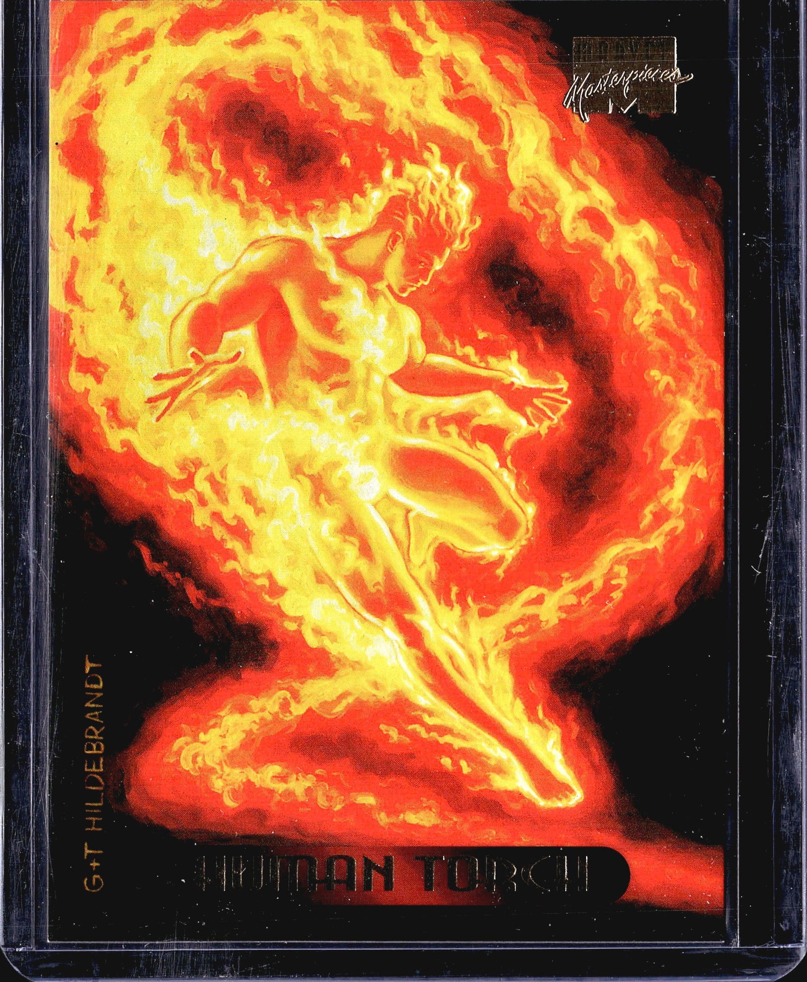 1994 Fleer Marvel Masterpieces Human Torch Card: This is card #52 from the 1994 Fleer Marvel Masterpieces trading card set, featuring the Human Torch from Marvel's Fantastic Four. The artwork was created by the acclaimed duo Greg and Tim