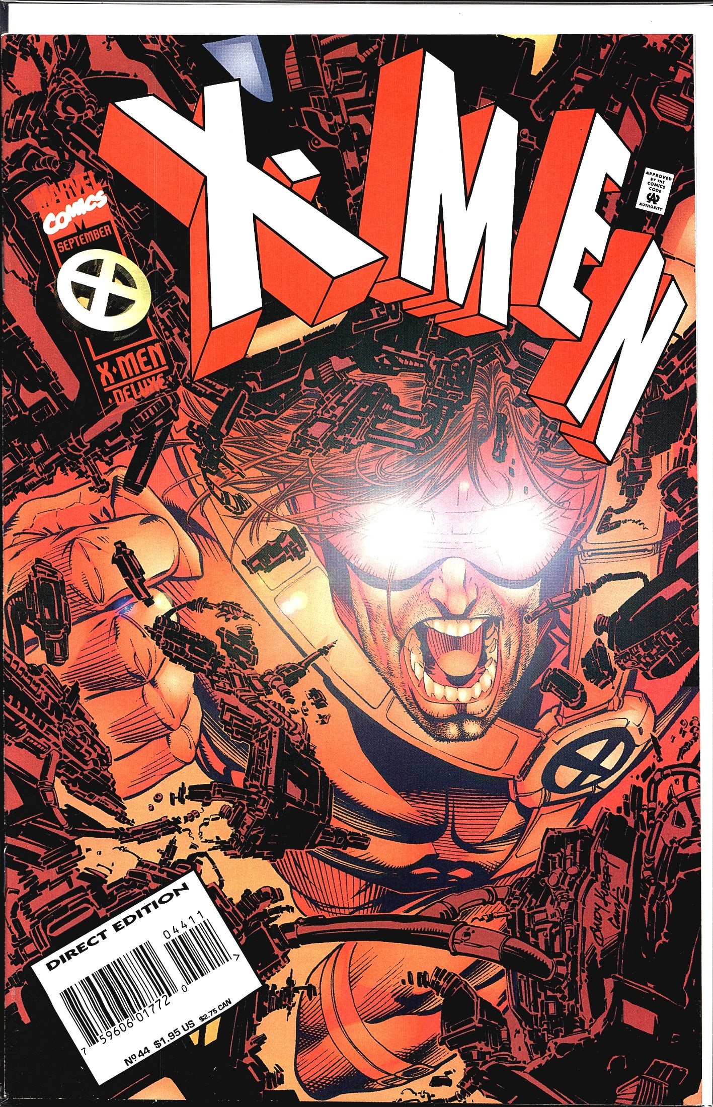 1998 Marvel Italia X-Men Deluxe #44 Comic Card: This is X-Men Deluxe #44 published by Marvel Comics, dated September 1995, and sold as a Direct Edition as indicated by the barcode label on the cover. The issue is priced at $1.95 US / $2.75 CAN and
