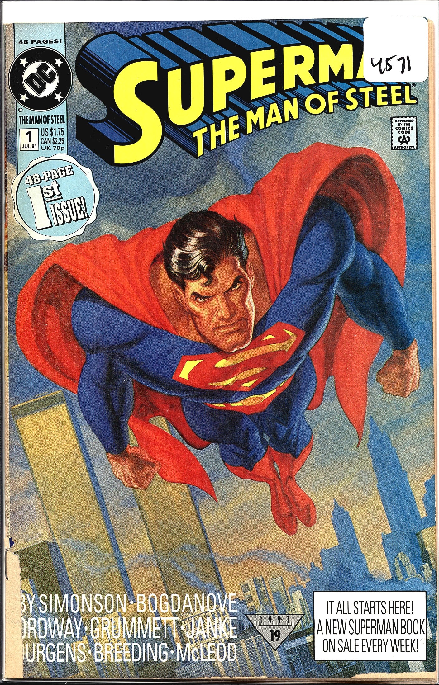 1991 DC Comics Superman The Man of Steel #1 1st: Superman: The Man of Steel #1, published by DC Comics in July 1991. This is the landmark 48-page first issue of the ongoing Man of Steel monthly series, prominently badged '48-Page 1st Issue!' on the 