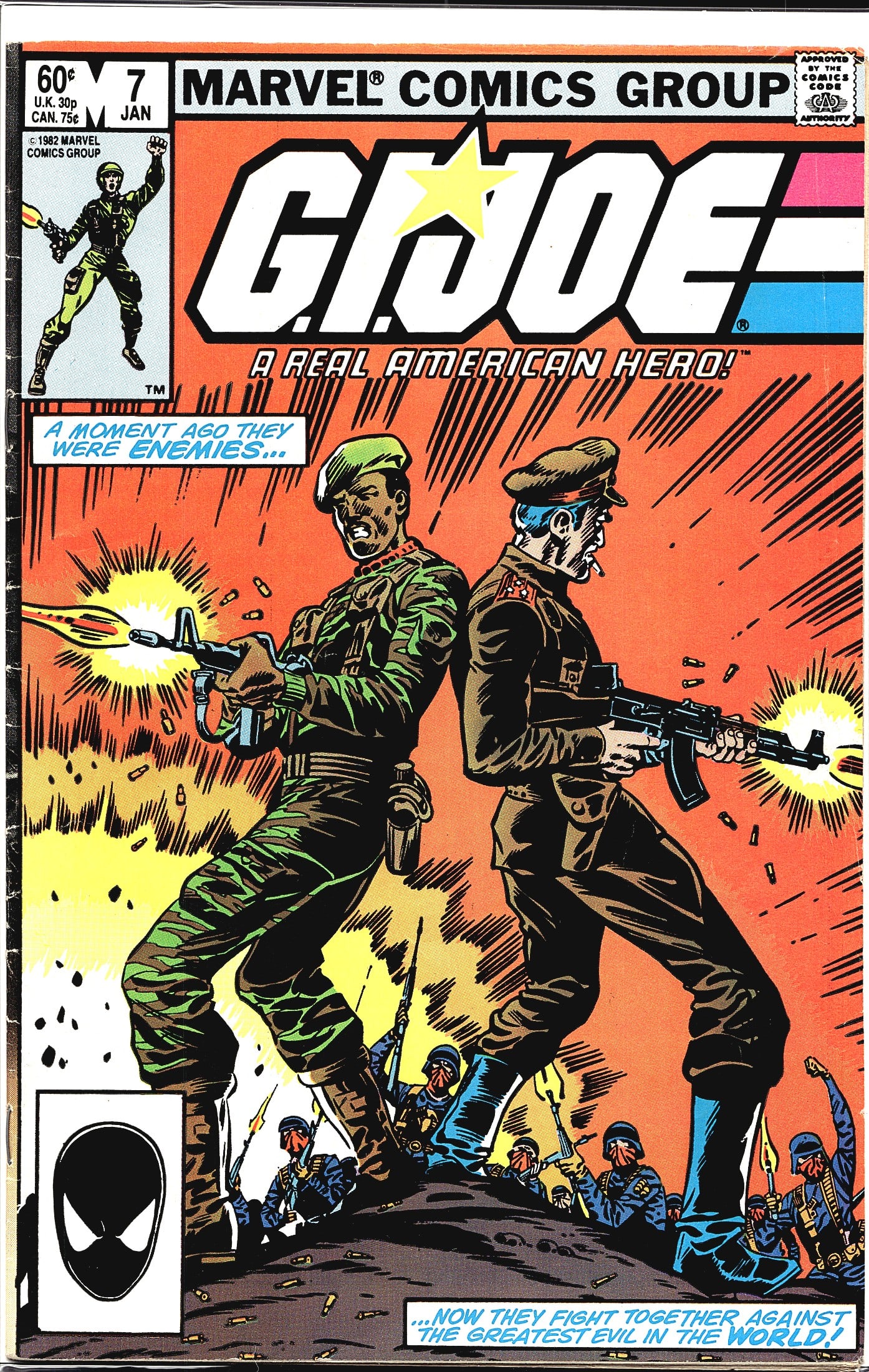 G.I. Joe A Real American Hero 1983 Marvel Comics: This is issue #7 of Marvel Comics' G.I. Joe: A Real American Hero, cover-dated January 1983, published by Marvel Comics Group. The cover art depicts two soldiers - one in camouflage gear and one in a