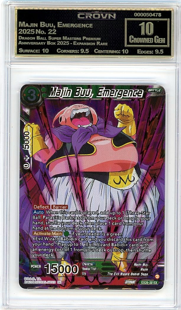2025 Majin Buu Emergence Dragon Ball Super: This is a 2025 Majin Buu, Emergence card from the Dragon Ball Super Masters Premium Anniversary Box 2025 - Expansion Rare set, card number 22. It represents a key character moment captured in this pre