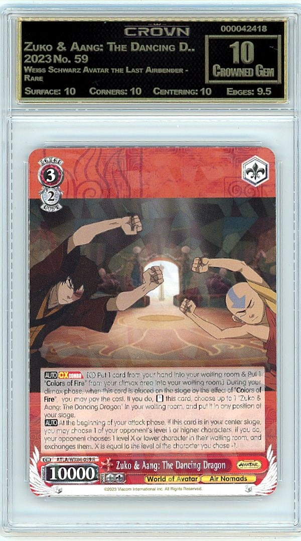 2023 Zuko & Aang: The Dancing D.. Weiss Schwarz: Graded by Crown Grading. Grade: 10.00. Crowned Gem