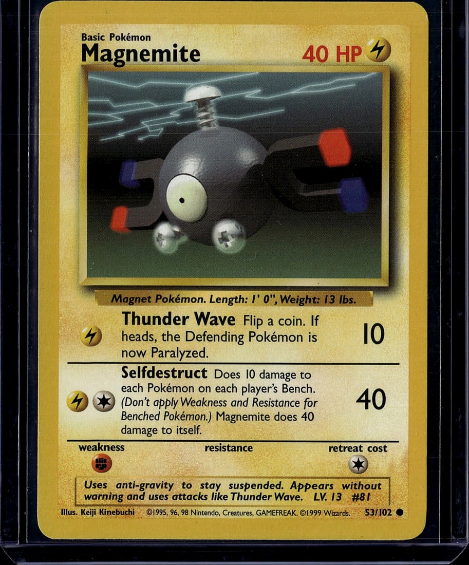 1999 Pokemon Base Set Magnemite #53/102 Basic: This is an original 1999 Pokemon Trading Card Game Base Set Magnemite card (#53/102), featuring the iconic Magnet Pokemon with its distinctive metallic design and floating magnetic appendages. The