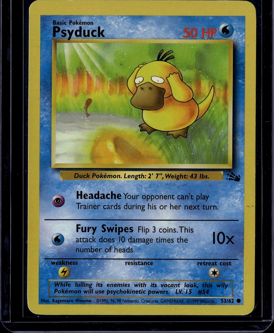 1999 Pokemon Base Set Psyduck 53/62 TCG Card: This is an authentic 1999 Pokemon Trading Card Game Base Set Psyduck card, numbered 53/62. Psyduck is a Basic Water-type Duck Pokemon with 50 HP, featuring the iconic artwork by Kagemaru Himeno. The
