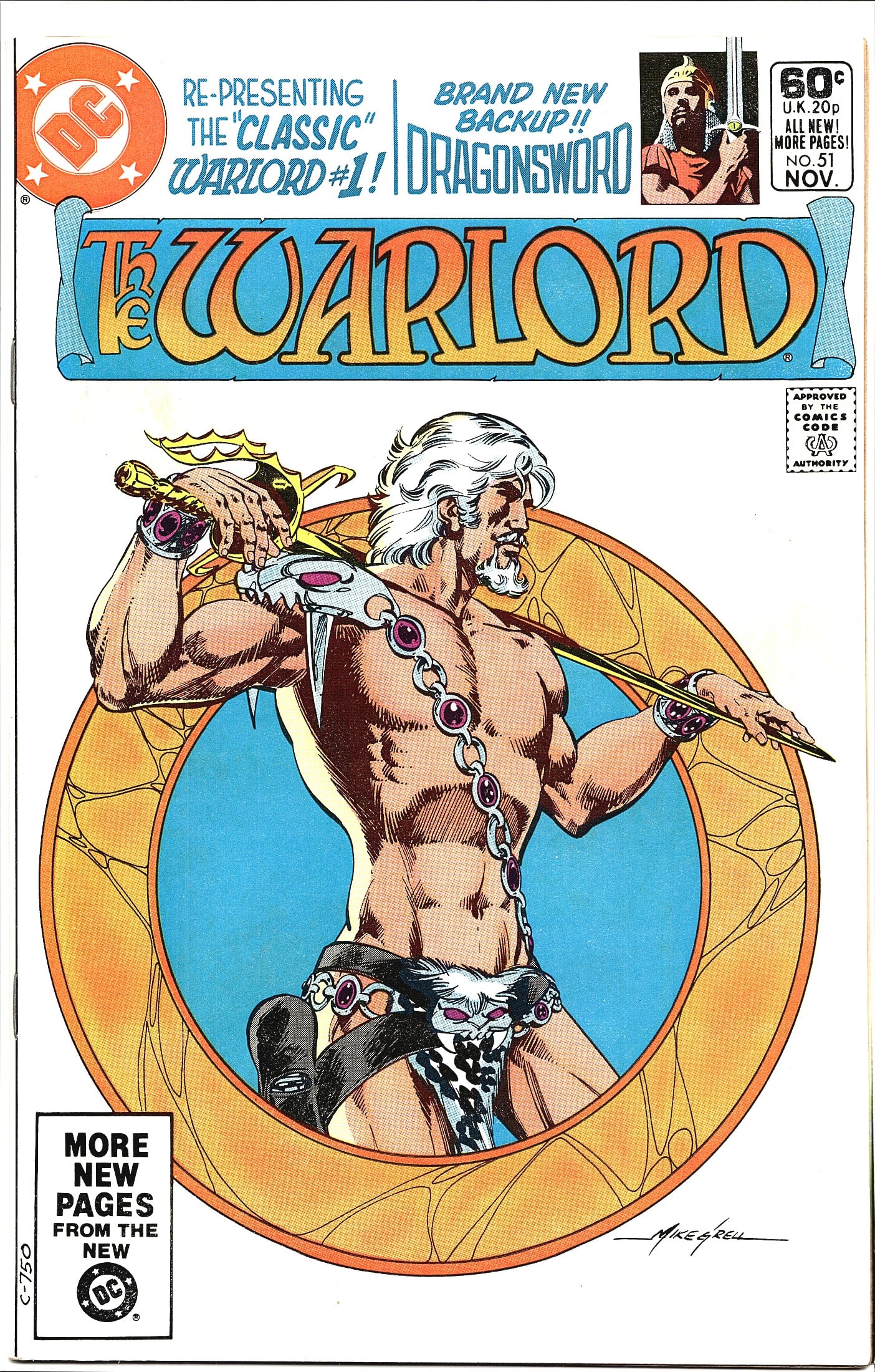 1981 DC Comics Warlord #51 Comic Book: The Warlord #51 published by DC Comics, cover dated November 1981, priced at 60 cents (UK 20p). This issue features a striking Mike Grell cover illustration - as signed on the cover - depicting the Wa