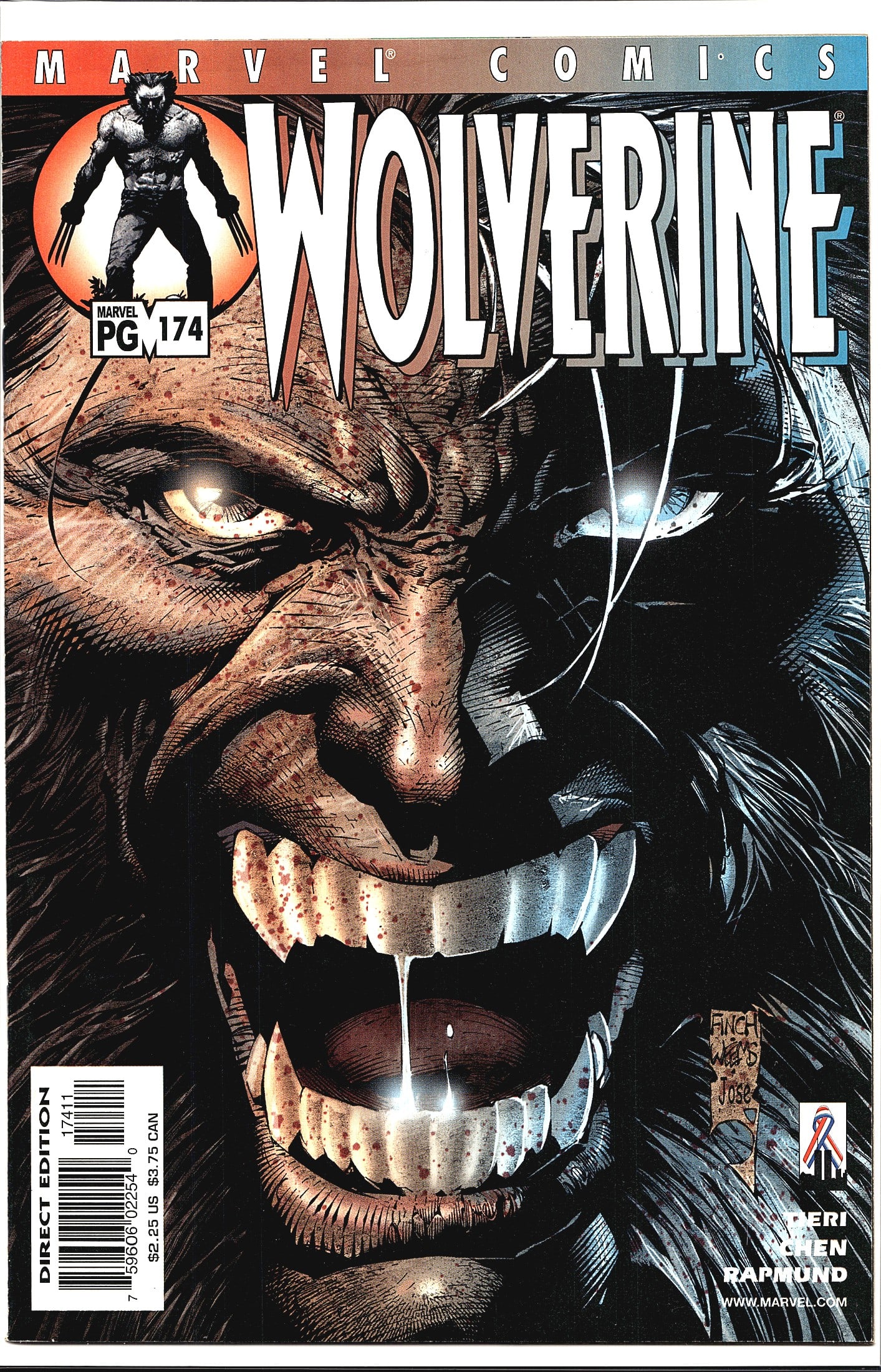 2002 Marvel Wolverine #174 Vol. 2 May Comic Book: Wolverine #174 from Marvel Comics, published in 2002 as a Direct Edition. This issue features an intense close-up cover by artist David Finch, depicting Wolverine in a feral, berserker rage with his a