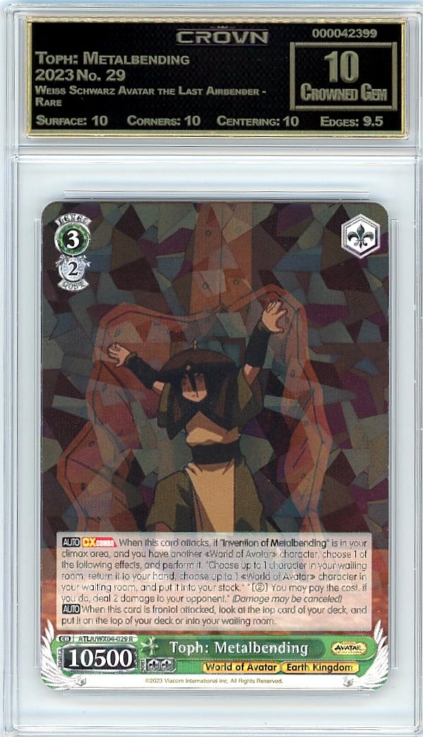 2023 Toph: Metalbending Weiss Schwarz Avatar: Graded by Crown Grading. Grade: 10.00. Crowned Gem