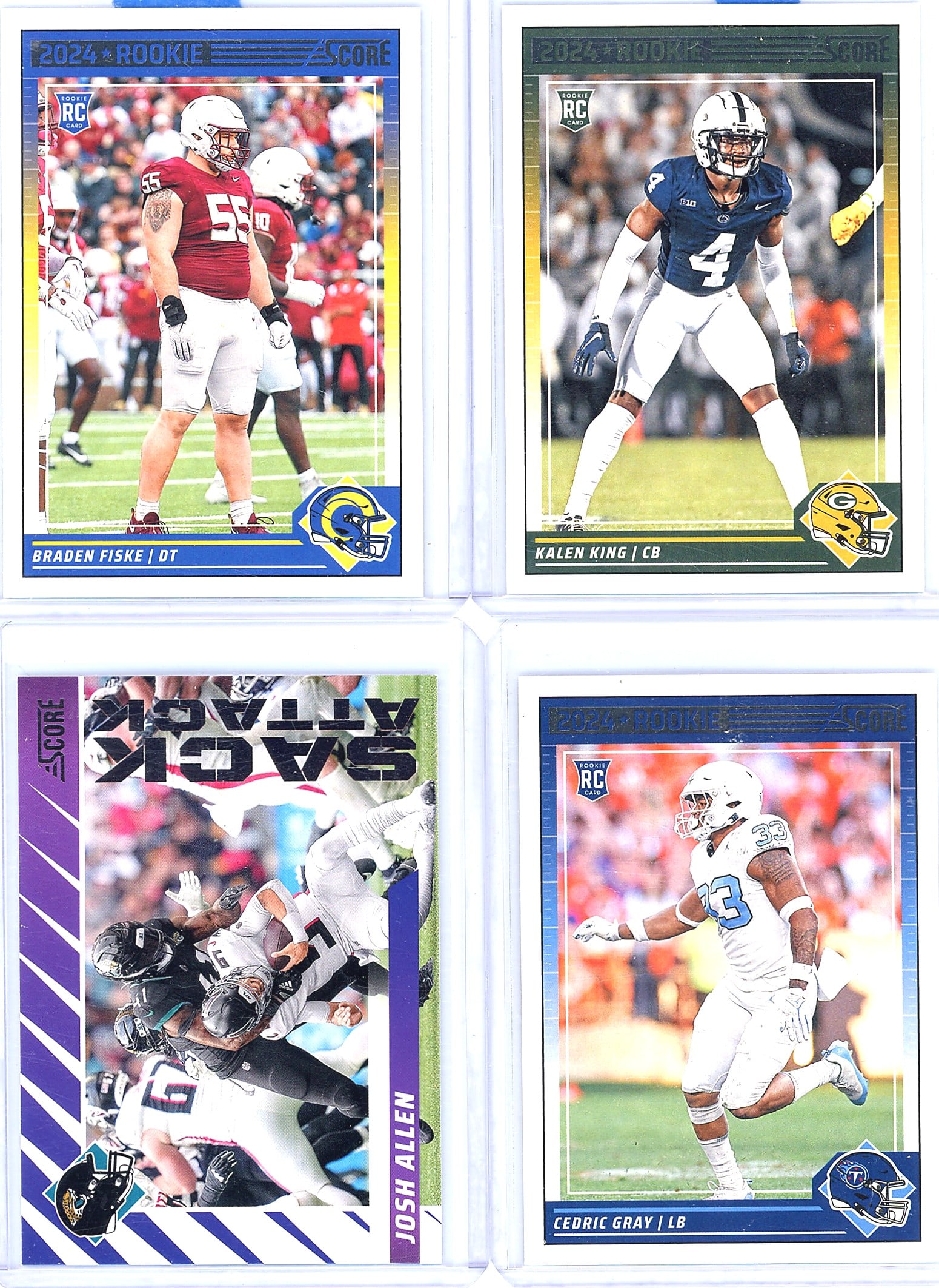 2024 Panini Score Football Card Lot #325 #339: This lot contains four 2024 Panini Score football rookie cards in raw condition. Included are defensive tackle Braden Fiske (Florida State, #325, Los Angeles Rams), cornerback Kalen King (Penn State,