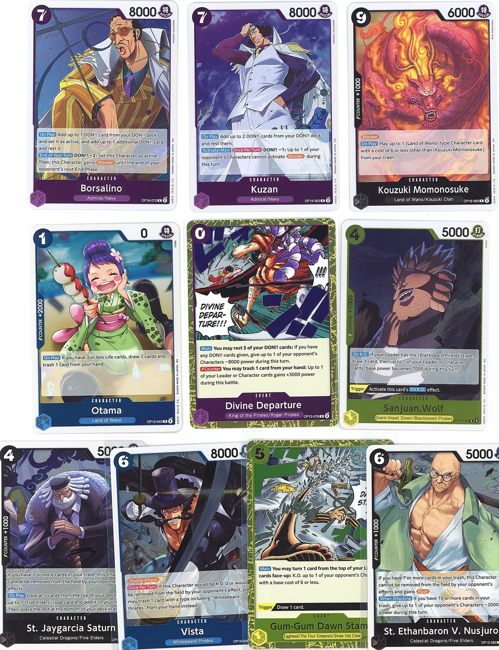 10-Card Lot Modern Holo One Piece Trading Cards: This lot contains 10 raw holo One Piece trading cards from the Bandai One Piece Card Game. The visible cards feature character artwork and printed abilities typical of the TCG, with foil finishes