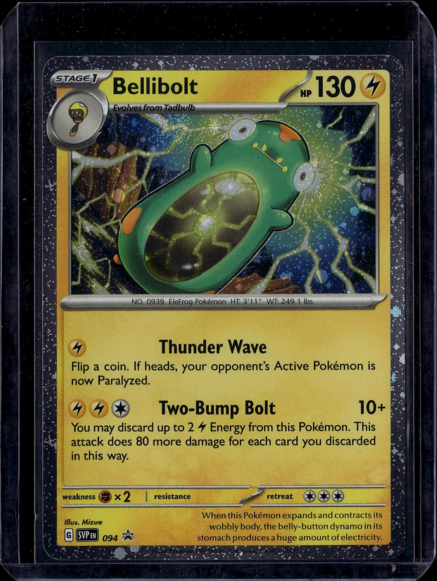 Bellibolt 094 Scarlet Violet Pokemon Card Single: This is a raw Pokemon single from the Scarlet & Violet set featuring Bellibolt, card number 094. Bellibolt is a Stage 1 Electric-type Pokemon that evolves from Tadbulb, with 130 HP. The card