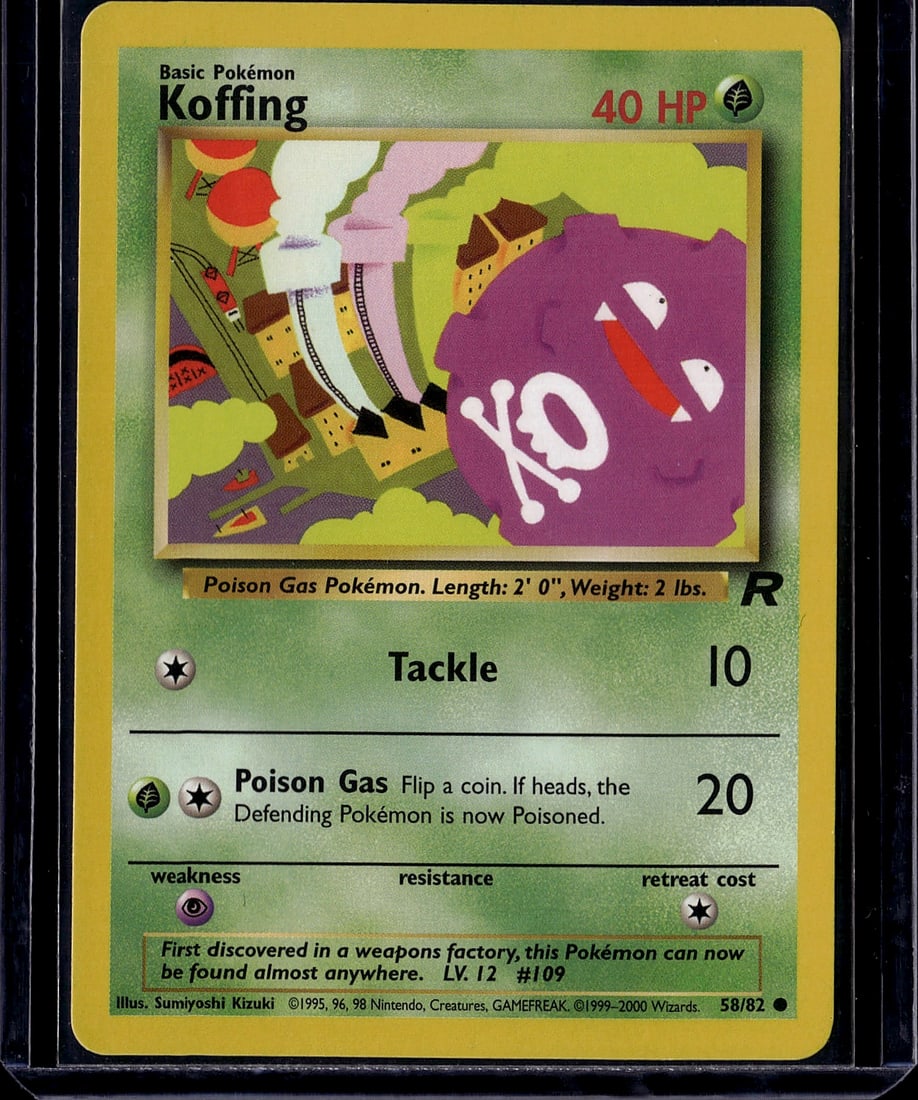 Koffing Base Set 58/82 Pokemon Card 1999 Wizards: This is a vintage Koffing Pokemon Trading Card Game single from the Base Set, released in 1999 by Wizards of the Coast. Card number 58/82, this Basic Grass-type Poison Gas Pokemon features the iconic