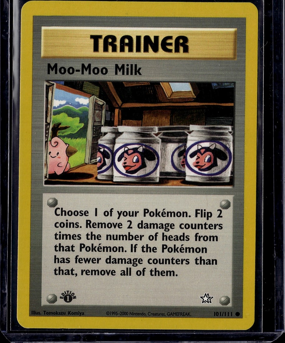 Moo-Moo Milk Trainer Pokemon Card Gym Heroes: This is an authentic Pokemon Trainer card from the Gym Heroes set, card #101/111. Moo-Moo Milk is a classic Trainer card that allows you to choose 1 of your Pokemon and flip 2 coins to remove damage