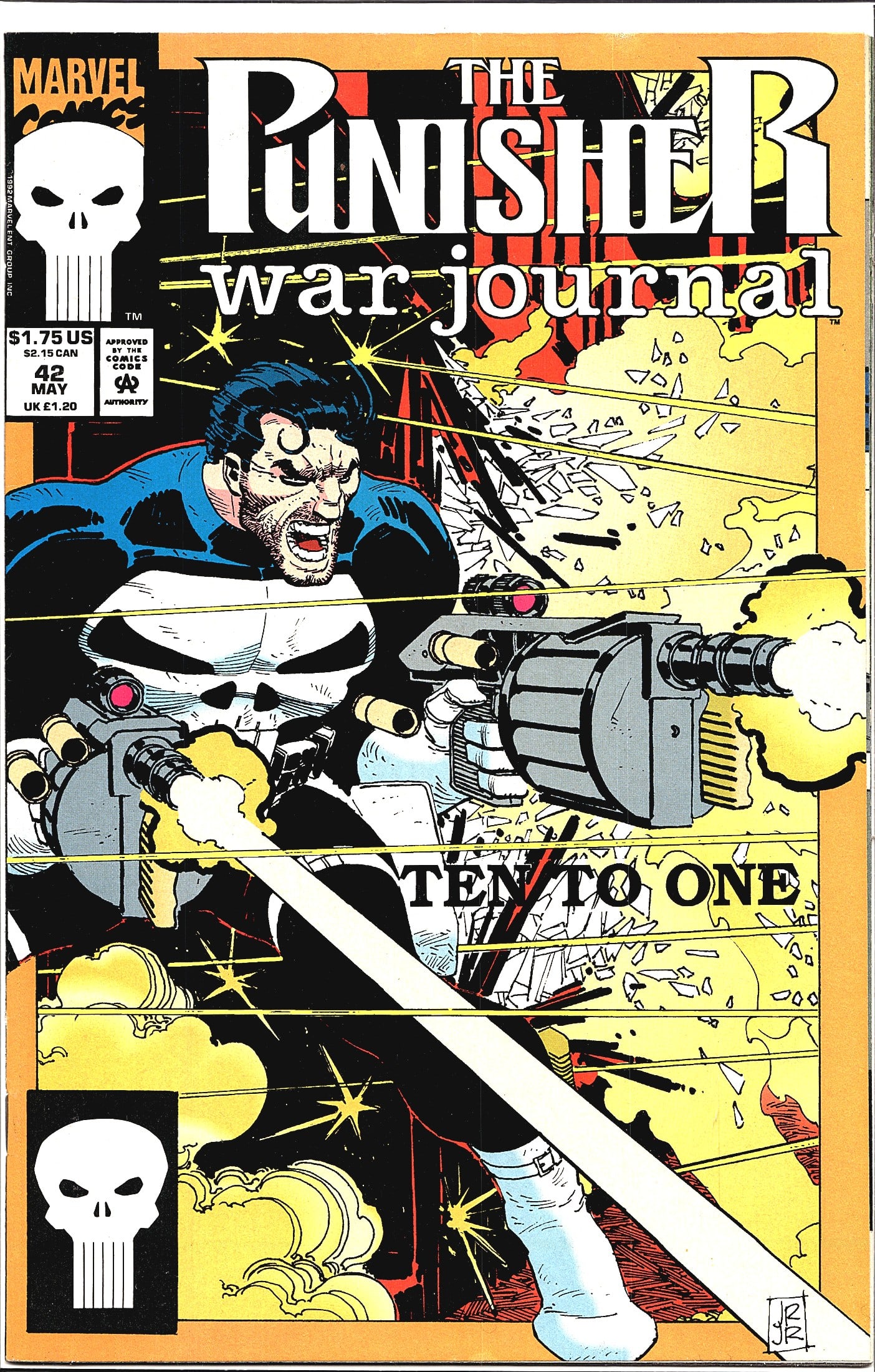 The Punisher War Journal #42 May 1992 Marvel: This is issue #42 of The Punisher War Journal, published by Marvel Comics, cover dated May 1992. The cover is titled 'Ten to One' and features the Punisher wielding dual heavy weapons - including what