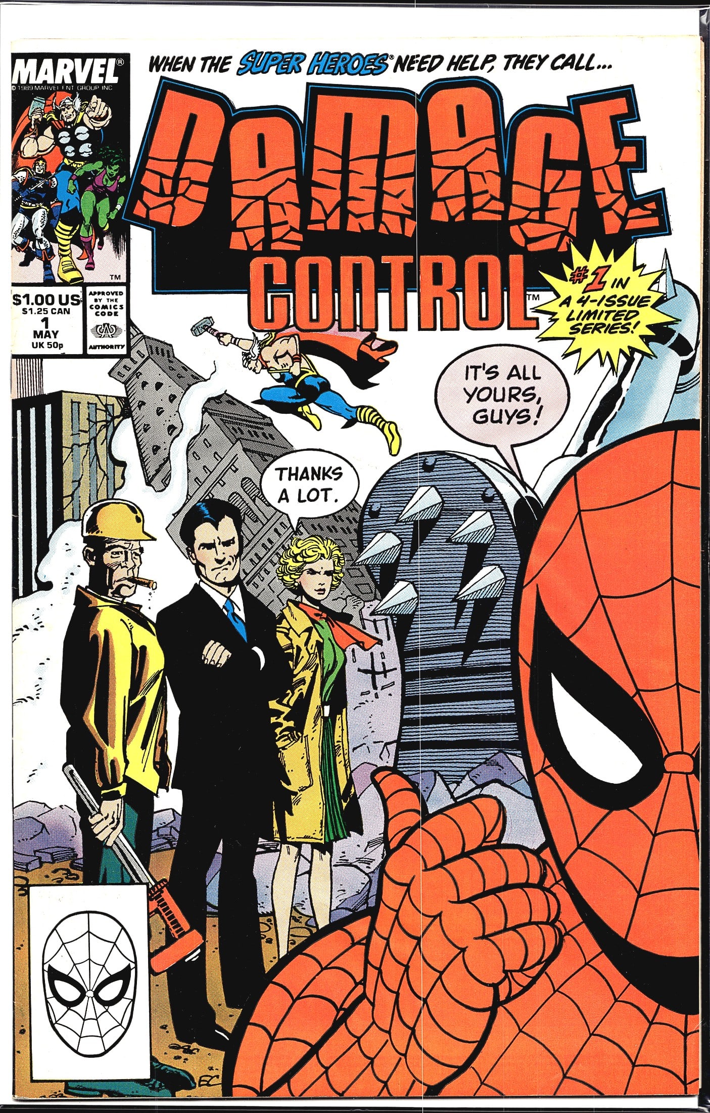 1989 Marvel Damage Control #1 Limited Series: This is issue #1 of Damage Control, a 4-issue limited series published by Marvel Comics in May 1989, priced at $1.00 US. The cover features Spider-Man prominently in the foreground, alongside the