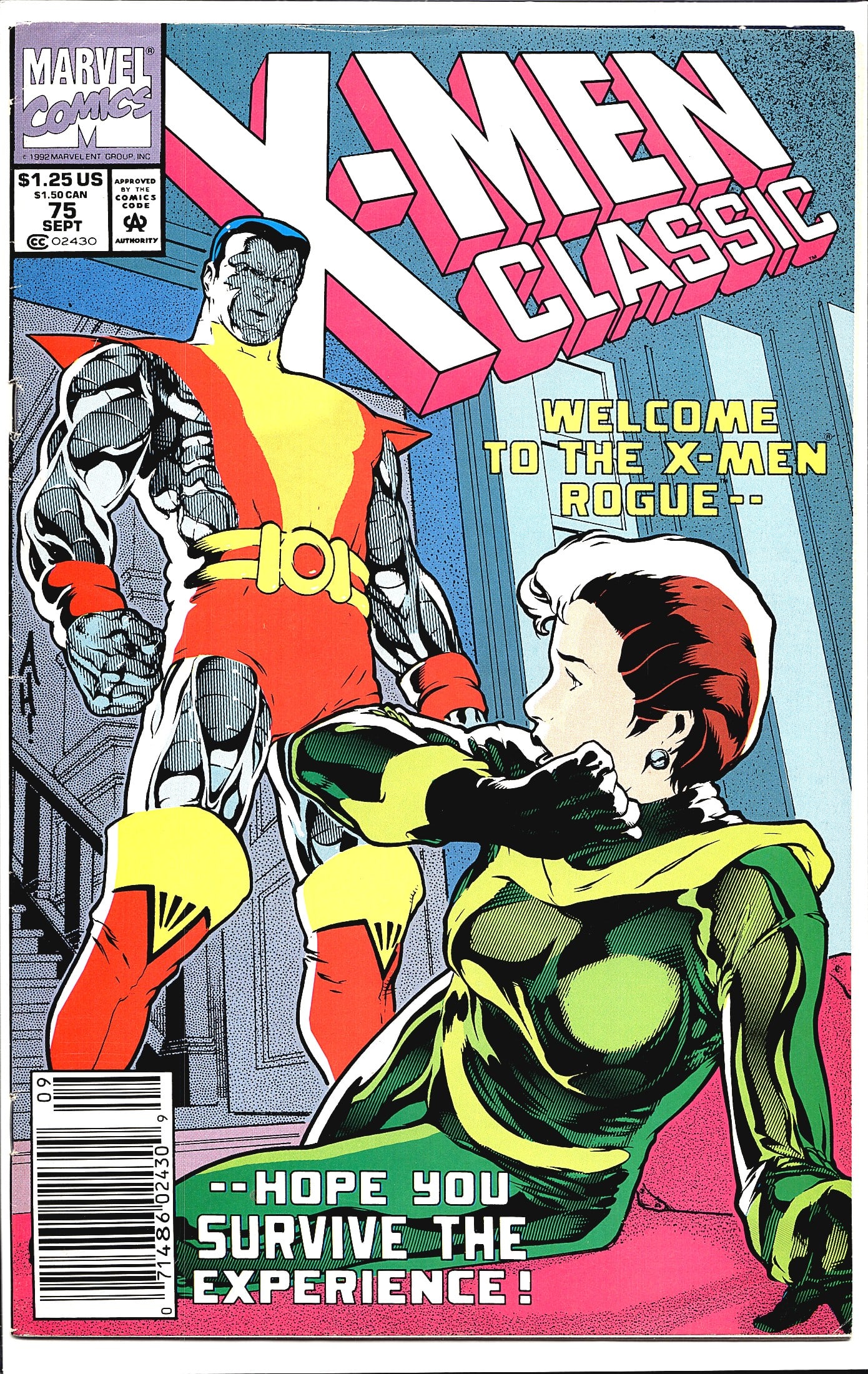 1992 Marvel Comics X-Men Classic #75 Comic Book: This is X-Men Classic #75, published by Marvel Comics in September 1992, priced at $1.25 US / $1.50 CAN. The cover features Rogue in her classic green-and-yellow costume seated in the foreground, with