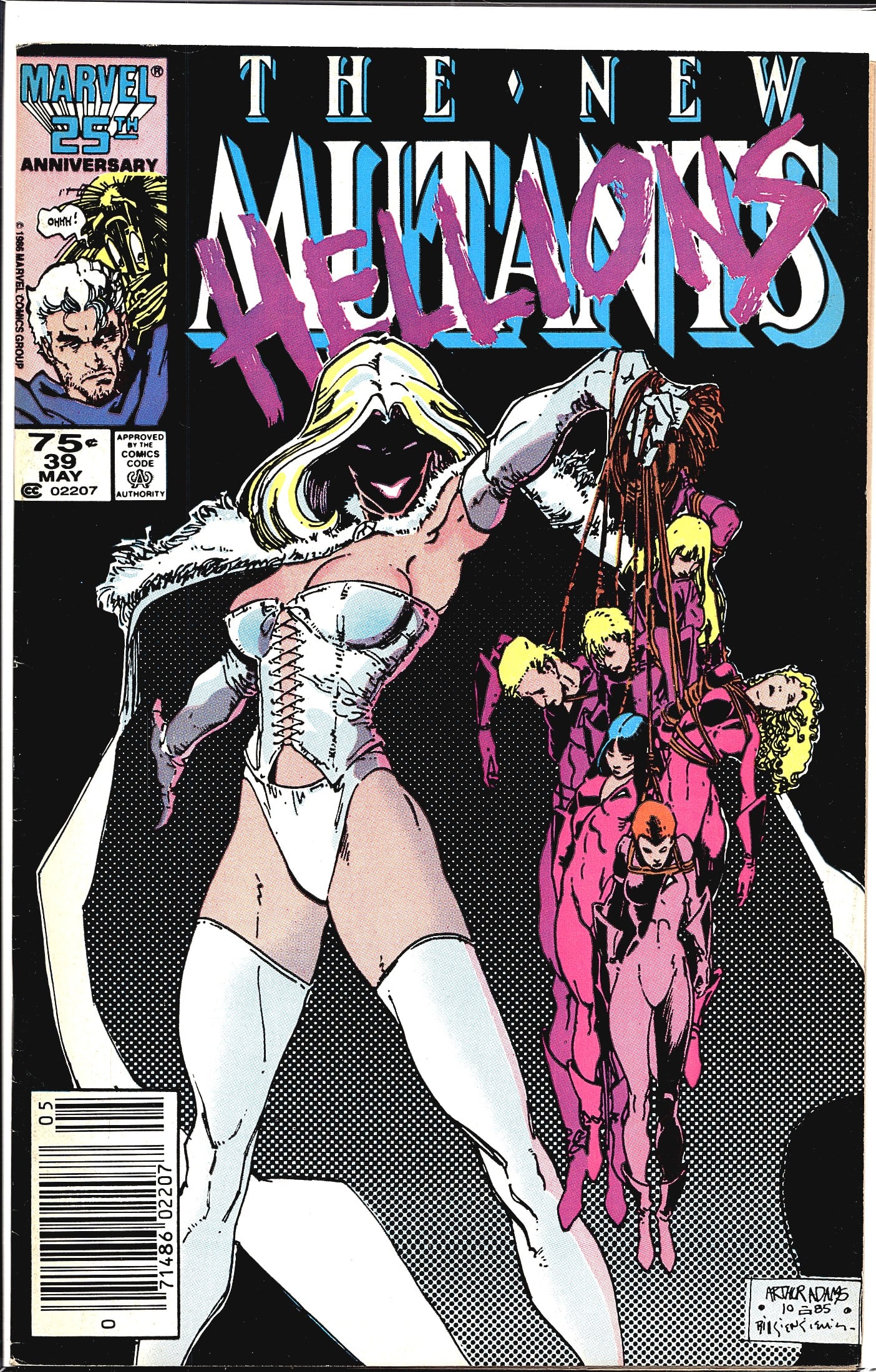 New Mutants #39 Marvel 1986 Hellions Cover White: This is The New Mutants #39 published by Marvel Comics, cover dated May 1986, priced at 75 cents. The cover prominently features the White Queen (Emma Frost) in her iconic costume alongside the