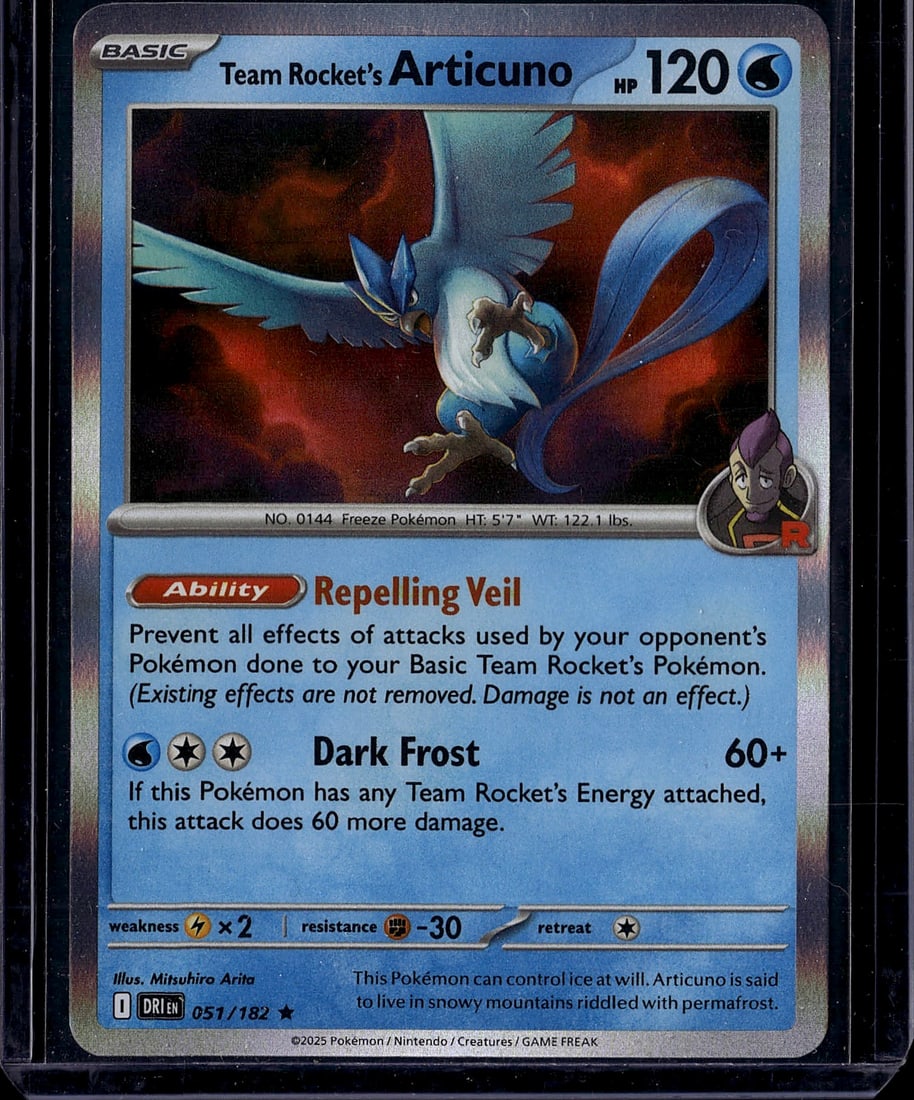 Team Rocket's Articuno 051/182 Pokemon Card: This is a Team Rocket's Articuno Pokemon trading card from the 2025 Team Rocket's Revenge set (#051/182). The card features the legendary Ice-type Freeze Pokemon in stunning full-art illustration by