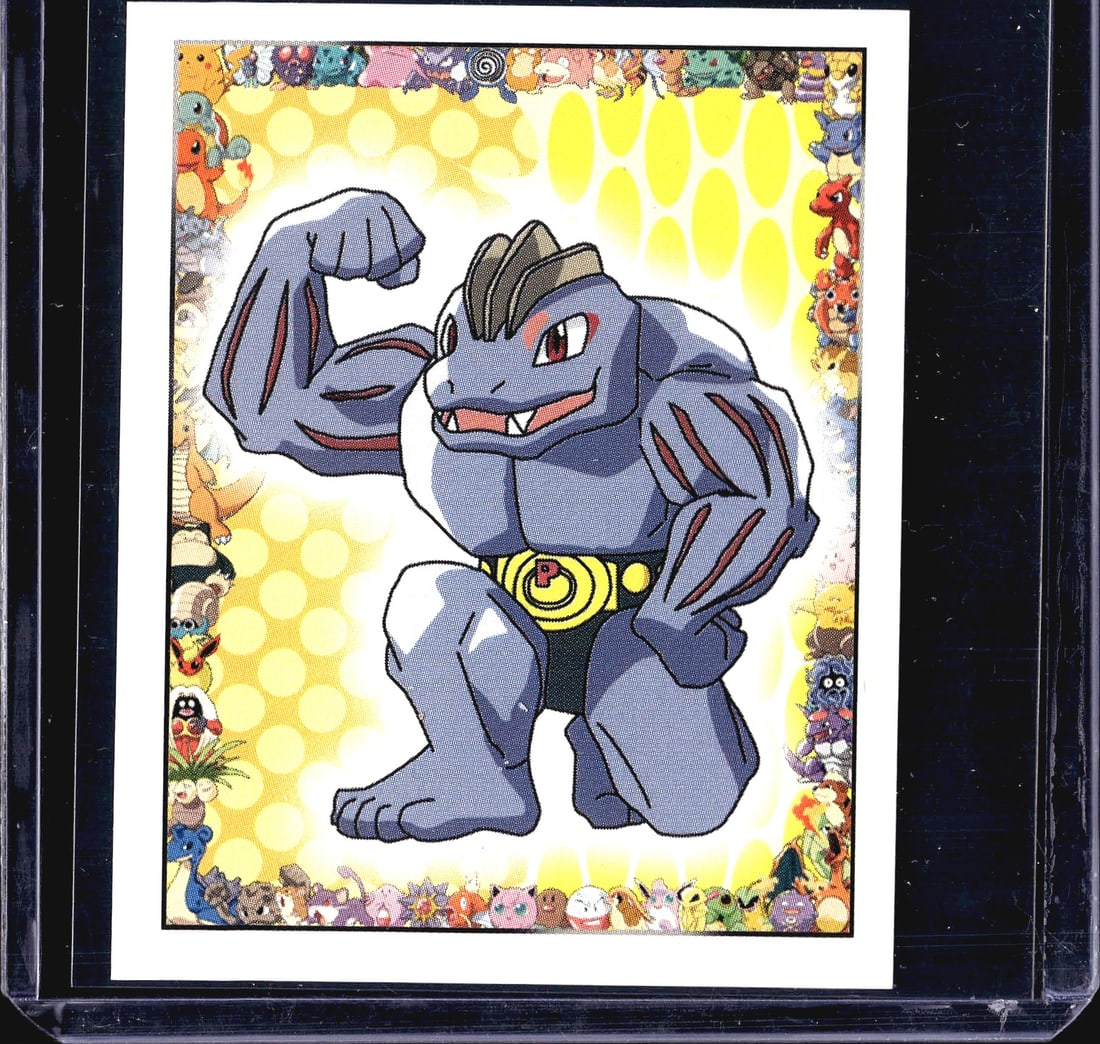 1999 Merlin Pokemon Sticker Collection #67: This is sticker #67 from the 1999 Merlin Collections Pokemon sticker series, featuring Machoke, the Superpower Pokemon. The front displays a vibrant full-color illustration of Machoke in a dynamic fle