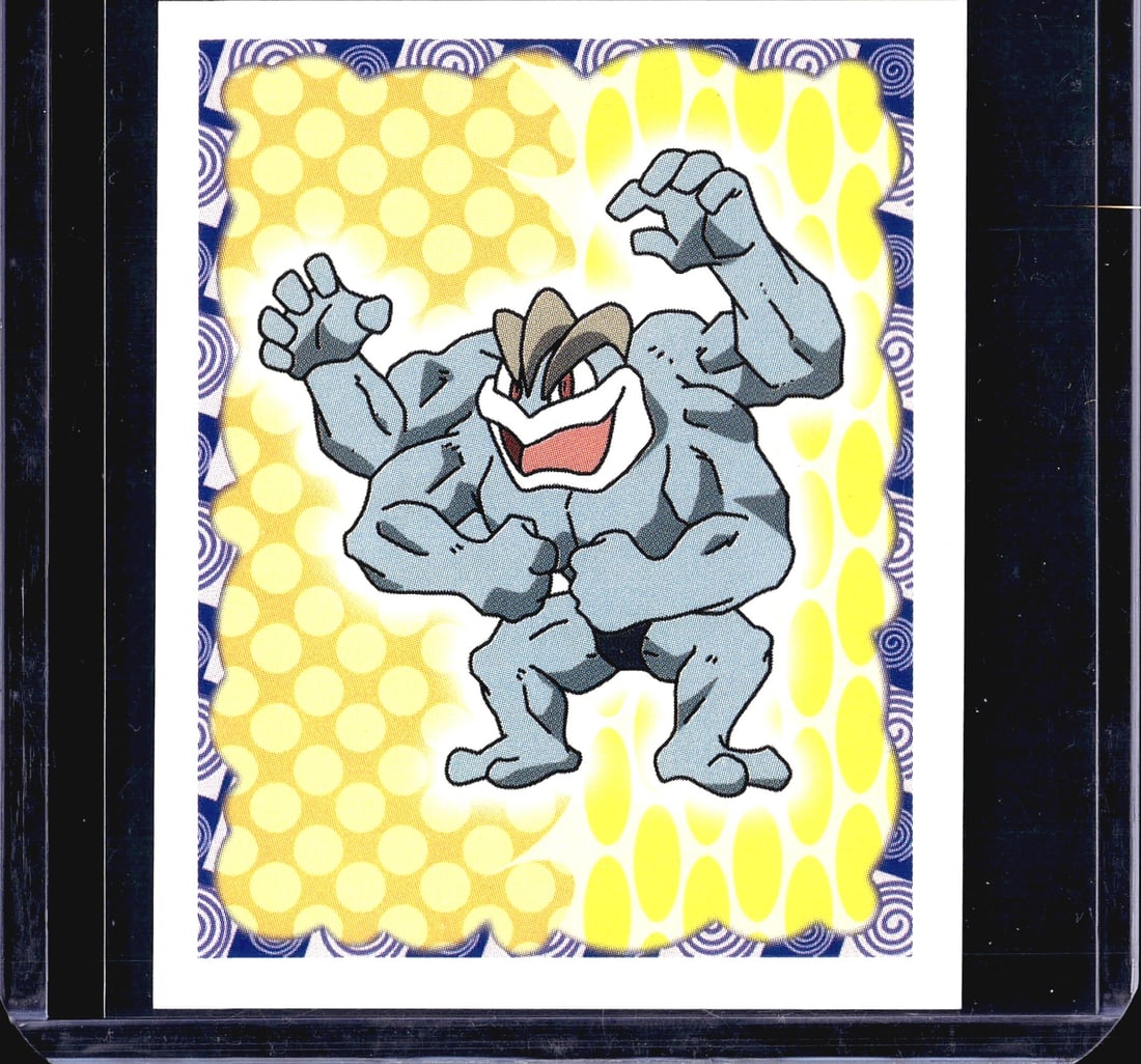 1999 Merlin Pokemon Sticker #68 Machoke Merlin: This is sticker #68 from the 1999 Merlin Collections Pokemon sticker series, featuring Machoke, the Superpower Pokemon. The front displays Machoke in its classic fighting pose against a vibrant yellow