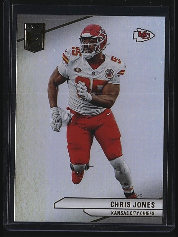 2024 Panini Donruss Elite Chris Jones #59: 2024 Panini Elite #59 Chris Jones Kansas City Chiefs raw football single. Features Jones in his Chiefs uniform on the front, with team logo and player name clearly visible. Back includes card number, 