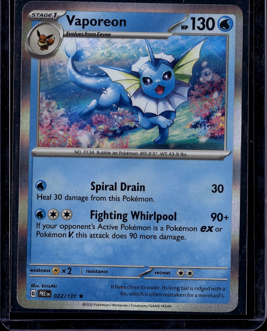 Vaporeon 022/131 Pokemon Scarlet Violet Stage 1: This is a raw Vaporeon Pokemon trading card from the Scarlet & Violet set, card number 022/131. Vaporeon is a Stage 1 Water-type Pokemon that evolves from Eevee, featuring 130 HP. The card displays ex