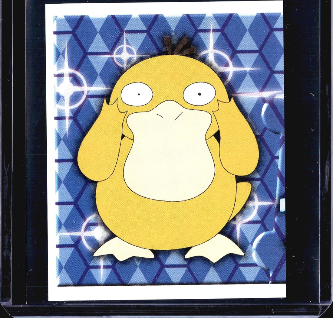 1999 Merlin Pokemon Sticker #232 Psyduck Holo: This listing features sticker #232 from the 1999 Merlin Collections Pokemon sticker series, depicting Psyduck - the iconic Water-type Pokemon - against a holographic blue geometric pattern background