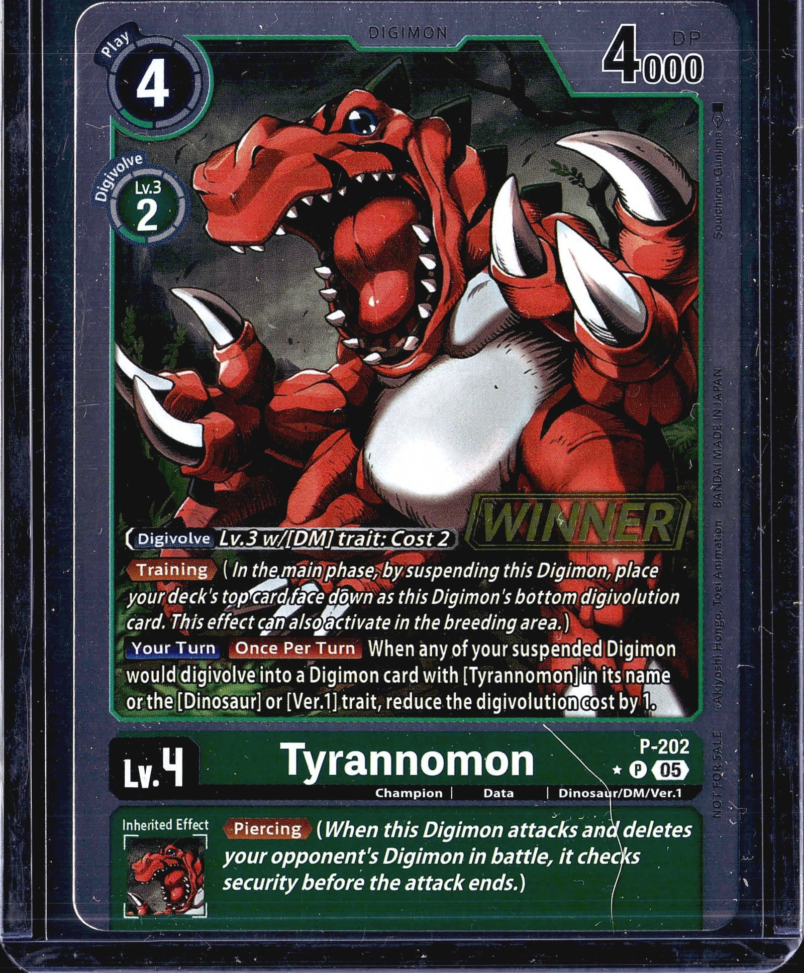 Digimon Card Game Tyrannomon P-202 Promo Winner: This listing features Tyrannomon (P-202), a Level 4 Champion-stage Digimon card from the Bandai Digimon Card Game promo series. The card carries the Data attribute and Dinosaur/DM/Ver.1 traits, with