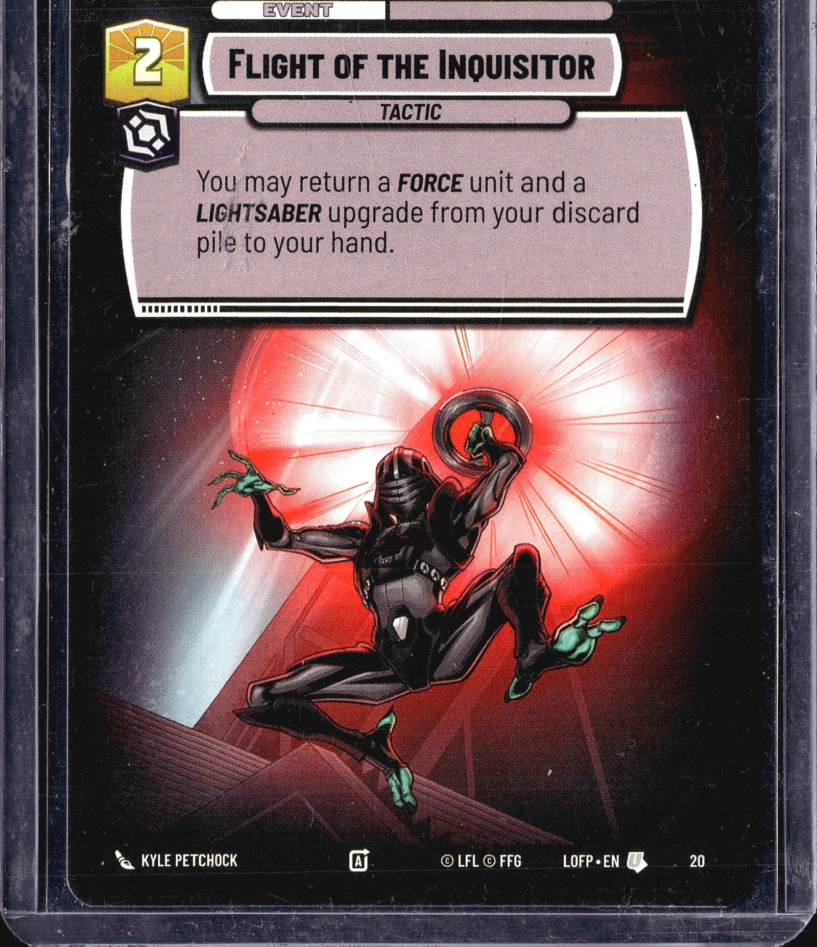 2024 Fantasy Flight Games Star Wars Unlimited: This listing is for Flight of the Inquisitor, card #20 from the Star Wars Unlimited Legends of the Force set (LOFP). It is classified as an Event - Tactic card with a cost of 2, featuring the Empire