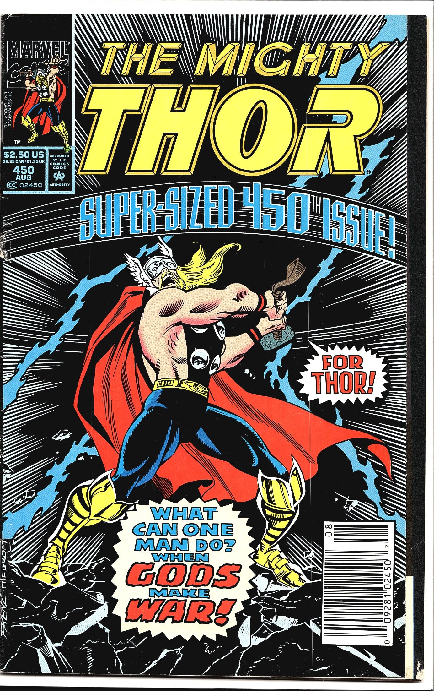 1992 Marvel The Mighty Thor #450 Comic Book: The Mighty Thor #450 from Marvel Comics, published August 1992, is a landmark super-sized anniversary issue celebrating the 450th issue of the long-running series. The cover features Thor in dynamic a