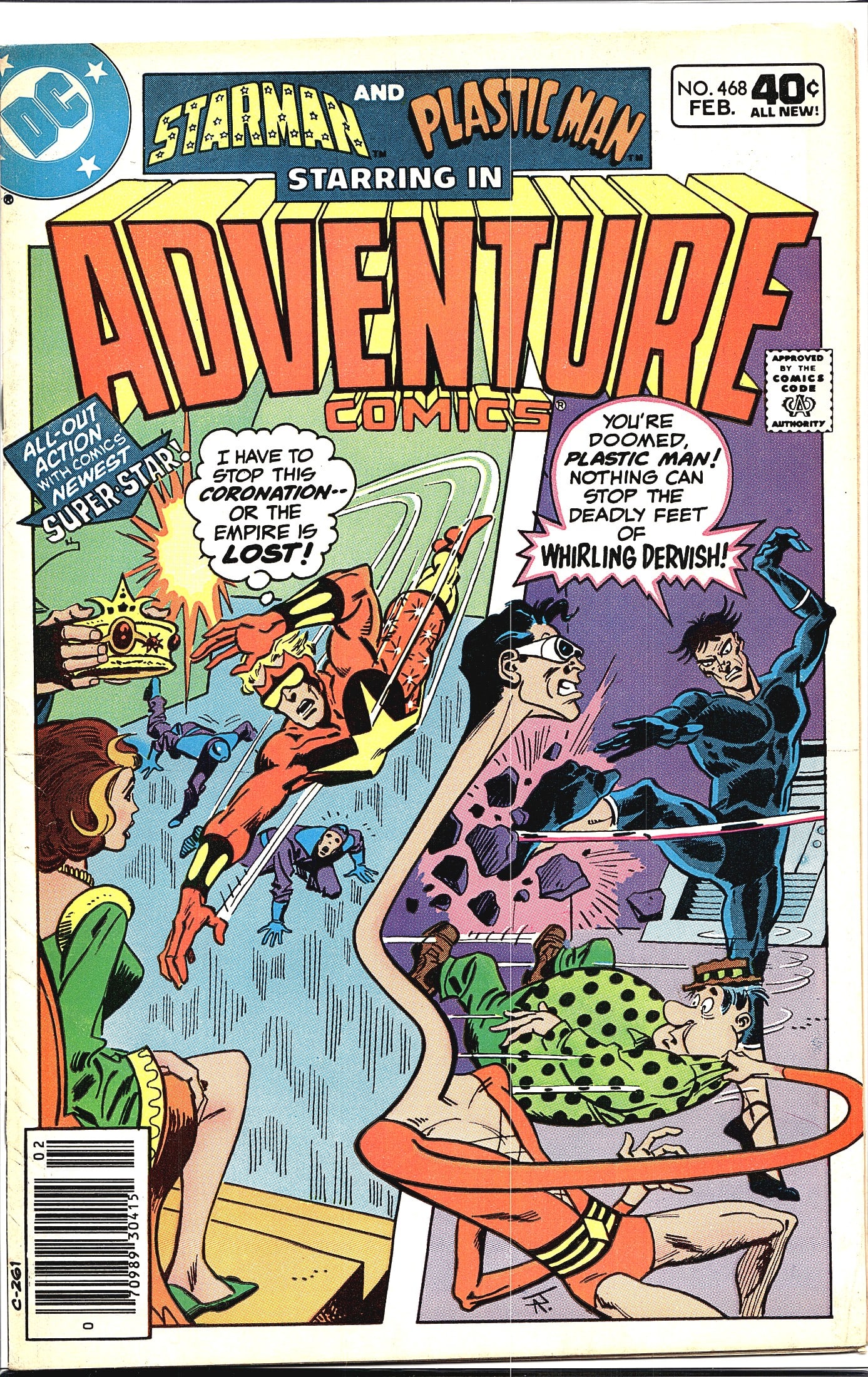 Adventure Comics #468 DC 1980 Starman & Plastic: Adventure Comics #468 published by DC Comics, cover dated February 1980, priced at 40 cents. This issue features Starman and Plastic Man as co-starring headliners, with the cover depicting two