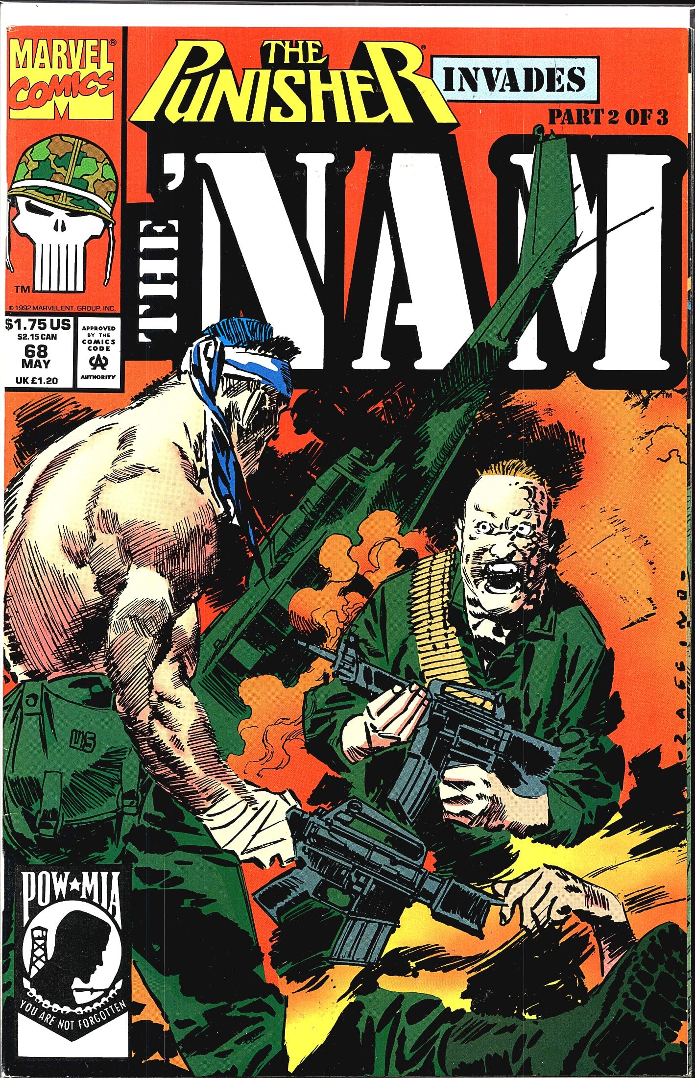 1992 Marvel Comics The 'Nam #68 Comic Book: This is issue #68 of Marvel Comics' The 'Nam, published in May 1992 and priced at $1.75 US. This issue features 'The Punisher Invades' Part 2 of a 3-part crossover story arc, bringing the iconic Punis