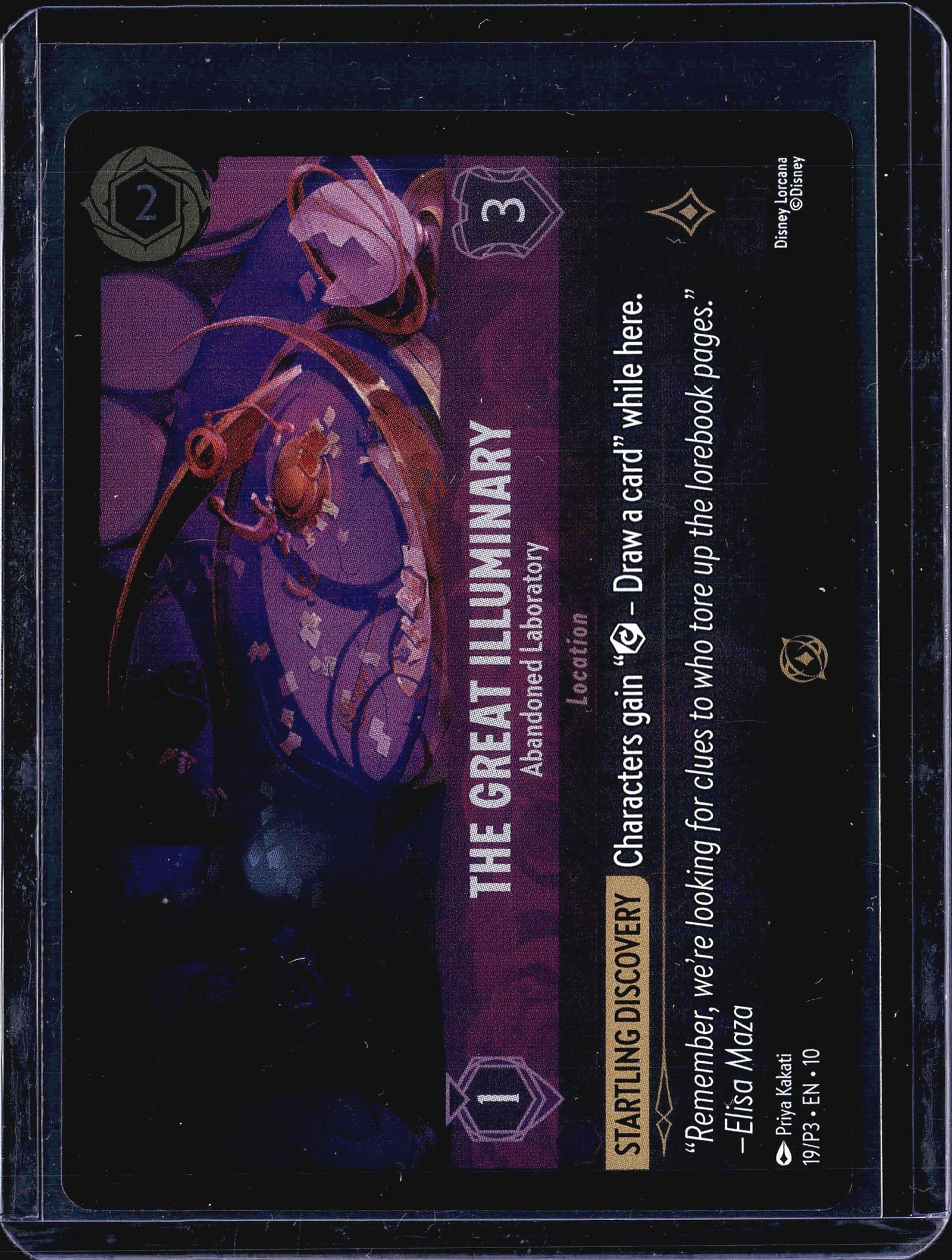 2024 Disney Lorcana Promo P3 19/P3 Great: This listing is for a single Disney Lorcana trading card: The Great Illuminary - Abandoned Laboratory, card number 19/P3 from the EN P3 promotional set. The card is a Location type with a move cost