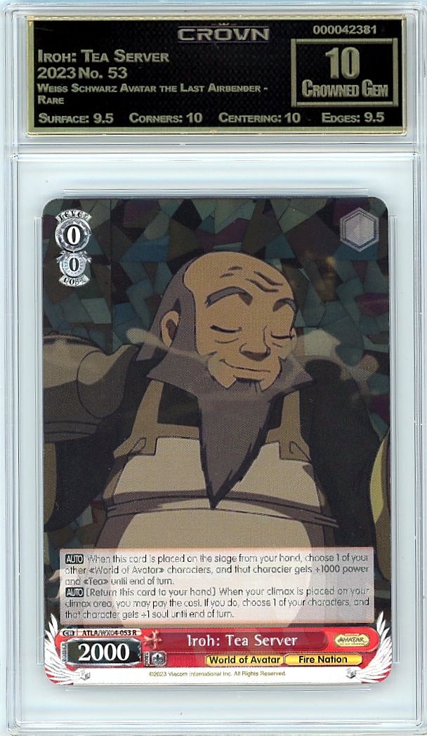 2023 Iroh: Tea Server Weiss Schwarz Avatar the: Graded by Crown Grading. Grade: 10.00. Crowned Gem