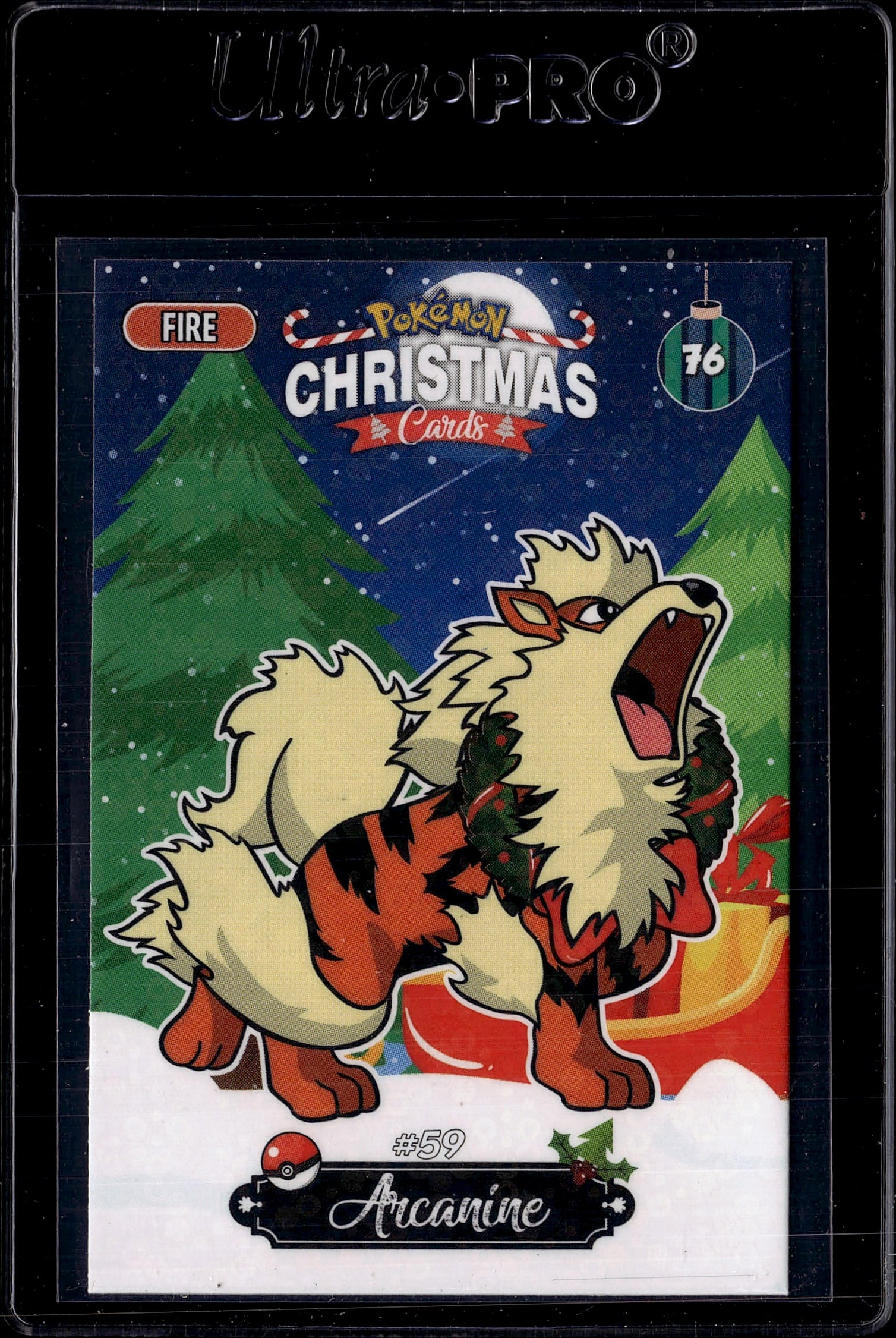 Pokemon Christmas Cards #59 Arcanine Fire Type: This is a special edition Pokemon Christmas Card featuring Arcanine, the Fire-type Pokemon, in a festive holiday setting. Card number 59 from the exclusive Pokemon Christmas Cards collection, this