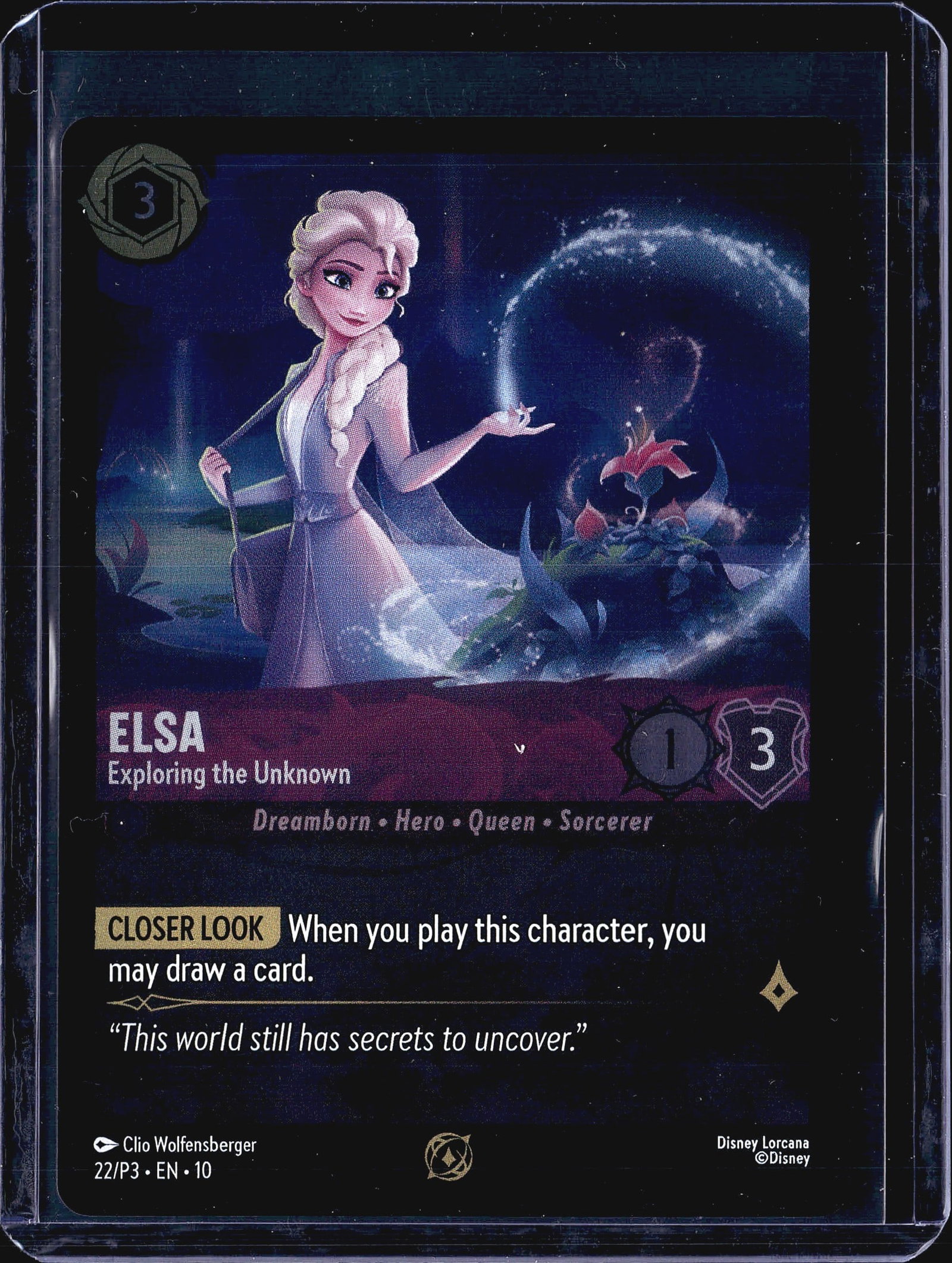 2023 Disney Lorcana Promo Elsa 22/P3 Card: This listing features Elsa - Exploring the Unknown, card number 22/P3 from the Disney Lorcana trading card game, identified as a Promo release (EN 10). The card depicts Elsa from Frozen as a