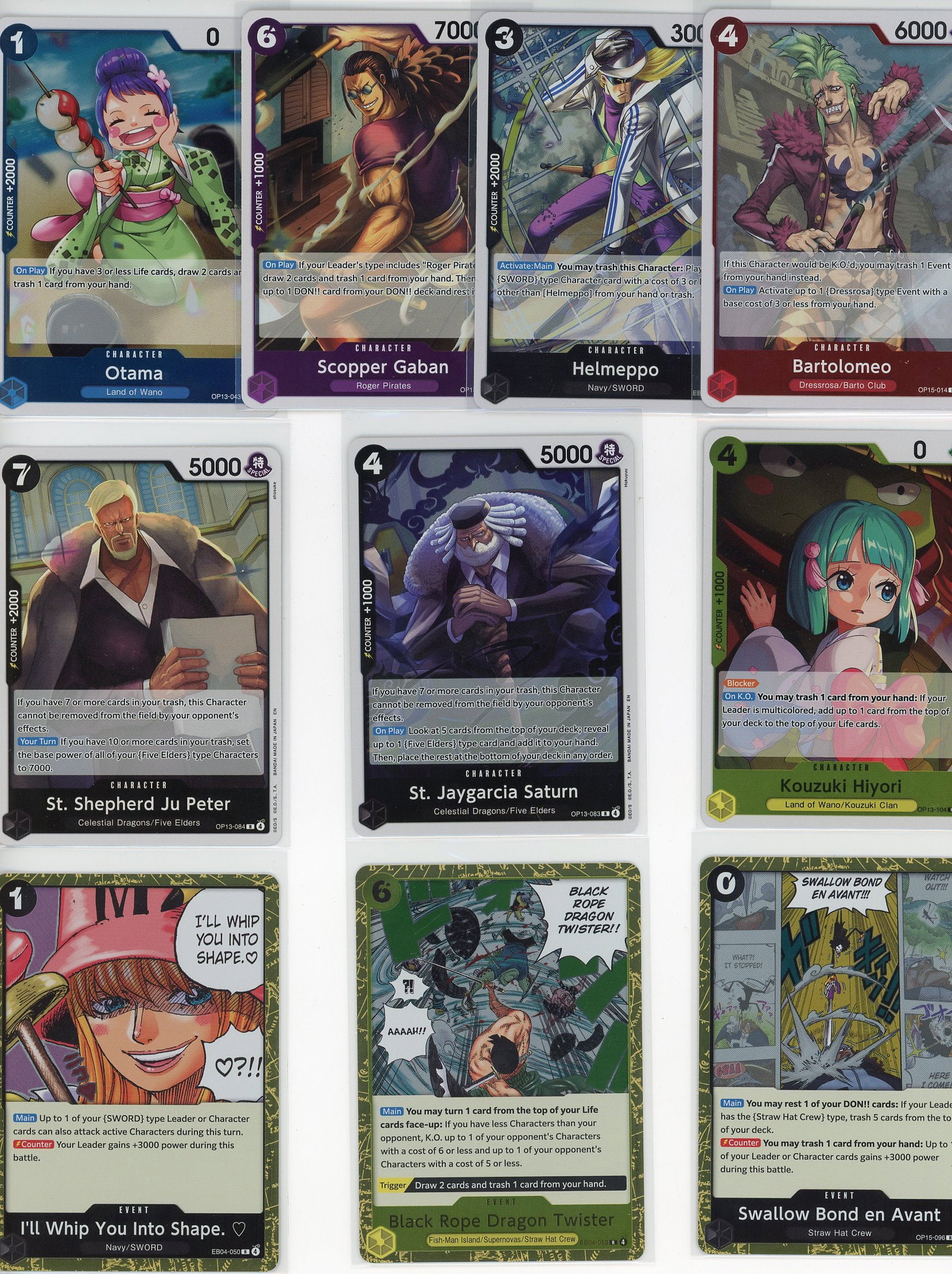 Lot of 10 One Piece Foil Cards - Otama, Scooper: This lot includes 10 foil cards from the One Piece Trading Card Game by Bandai, featuring key characters from the anime and manga series. The cards shown include notable characters such as Otama (Land