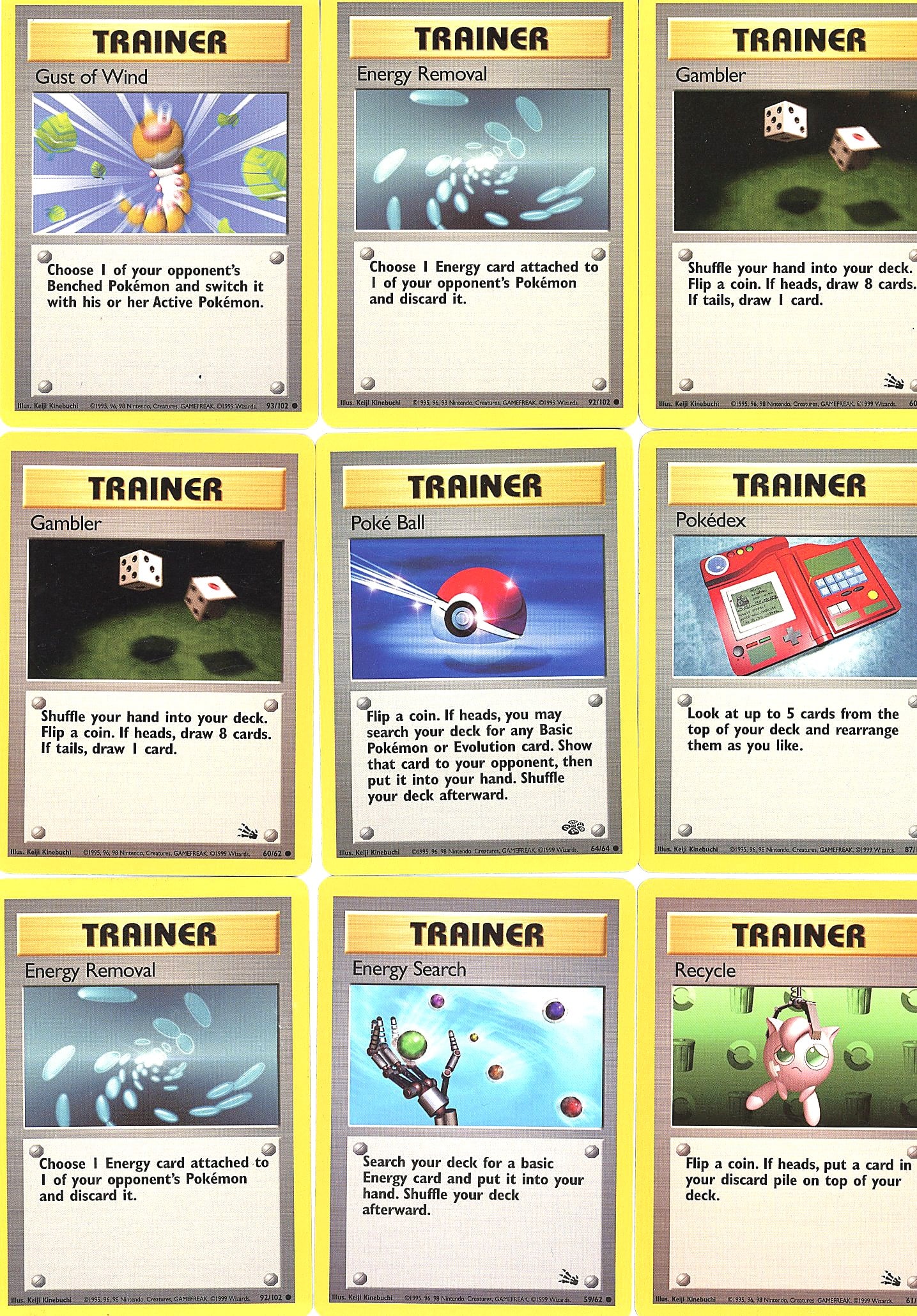 Pokemon Base Set Trainer Card Lot - 9 Raw: Lot of 9 raw Pokemon Base Set Trainer cards including Gust of Wind, Energy Removal (2x), Gambler (2x), Pokedex, Poke Ball, Energy Search, and Recycle. These classic Trainer cards from the original