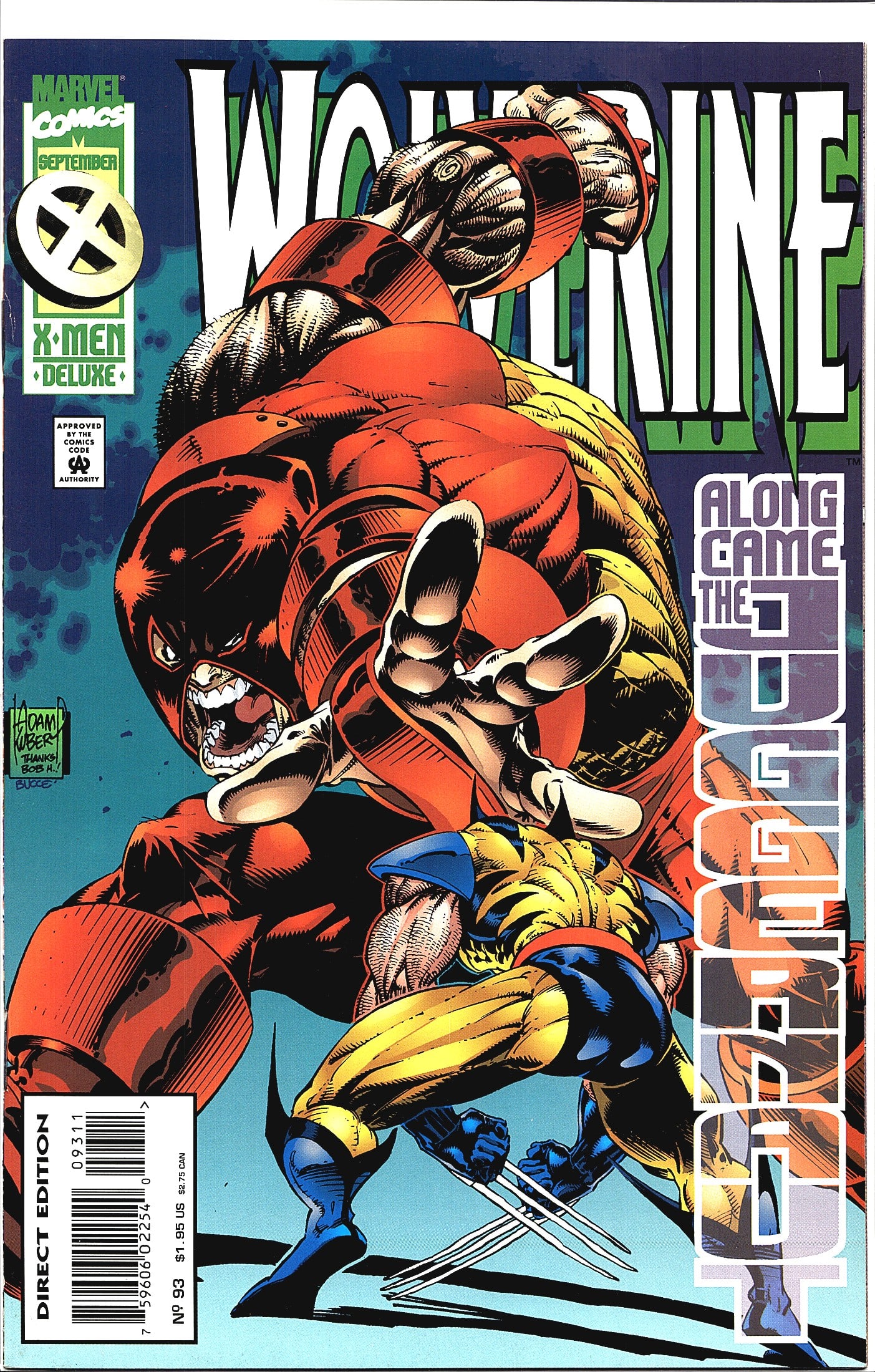 Wolverine #93 Marvel Comics 1995 X-Men Deluxe: Wolverine #93 published by Marvel Comics, dated September 1995, as part of the X-Men Deluxe line. This is the Direct Edition, priced at $1.95 US / $2.75 CAN. The cover, illustrated by Adam Kubert,