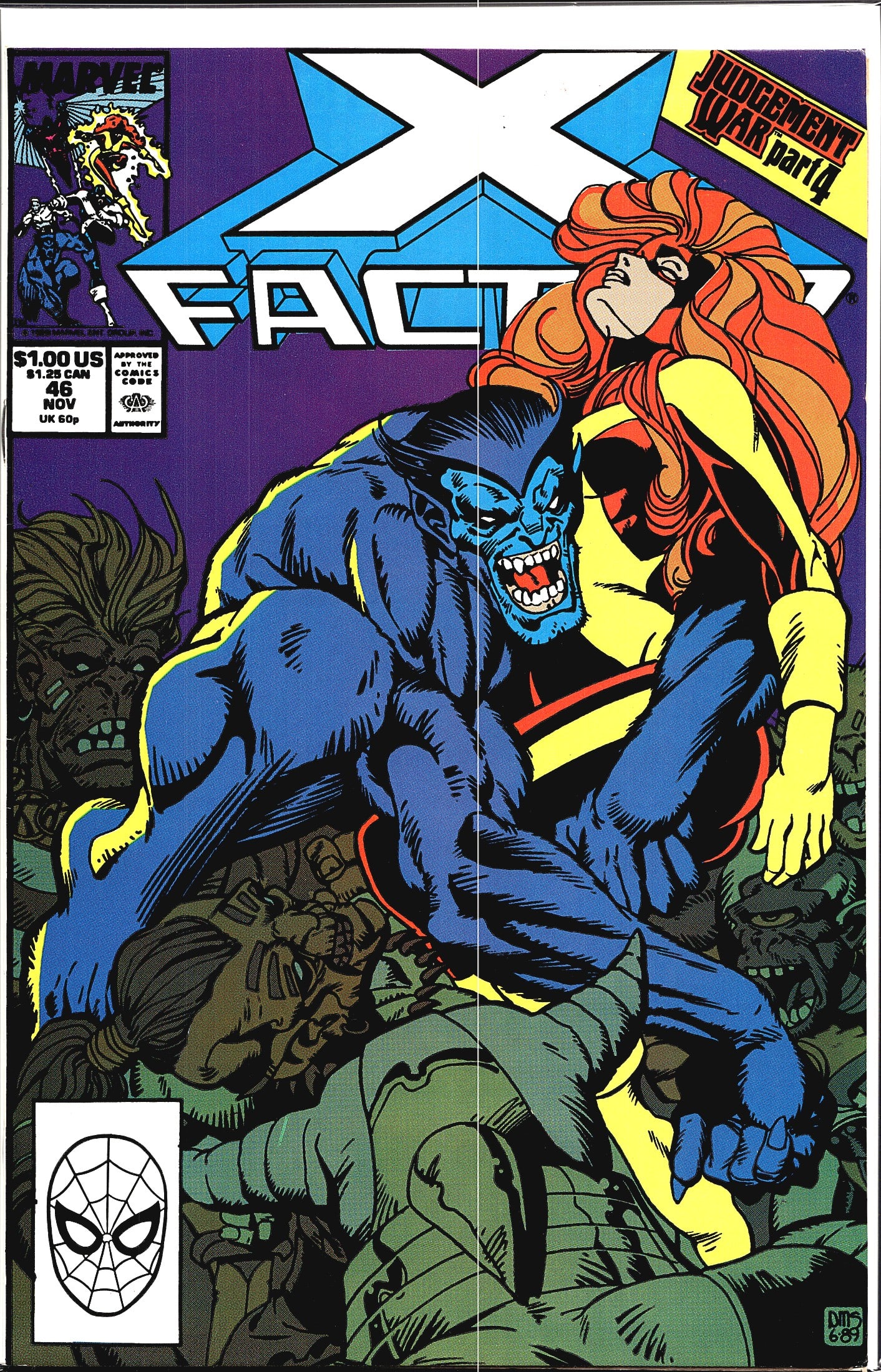 X-Factor #46 Marvel Comics 1989 Judgement War: X-Factor #46 from Marvel Comics, published November 1989, priced at $1.00 US / $1.25 CAN / 60p UK. This issue is part 4 of the 'Judgement War' storyline. The cover features Beast in his blue-furred fo
