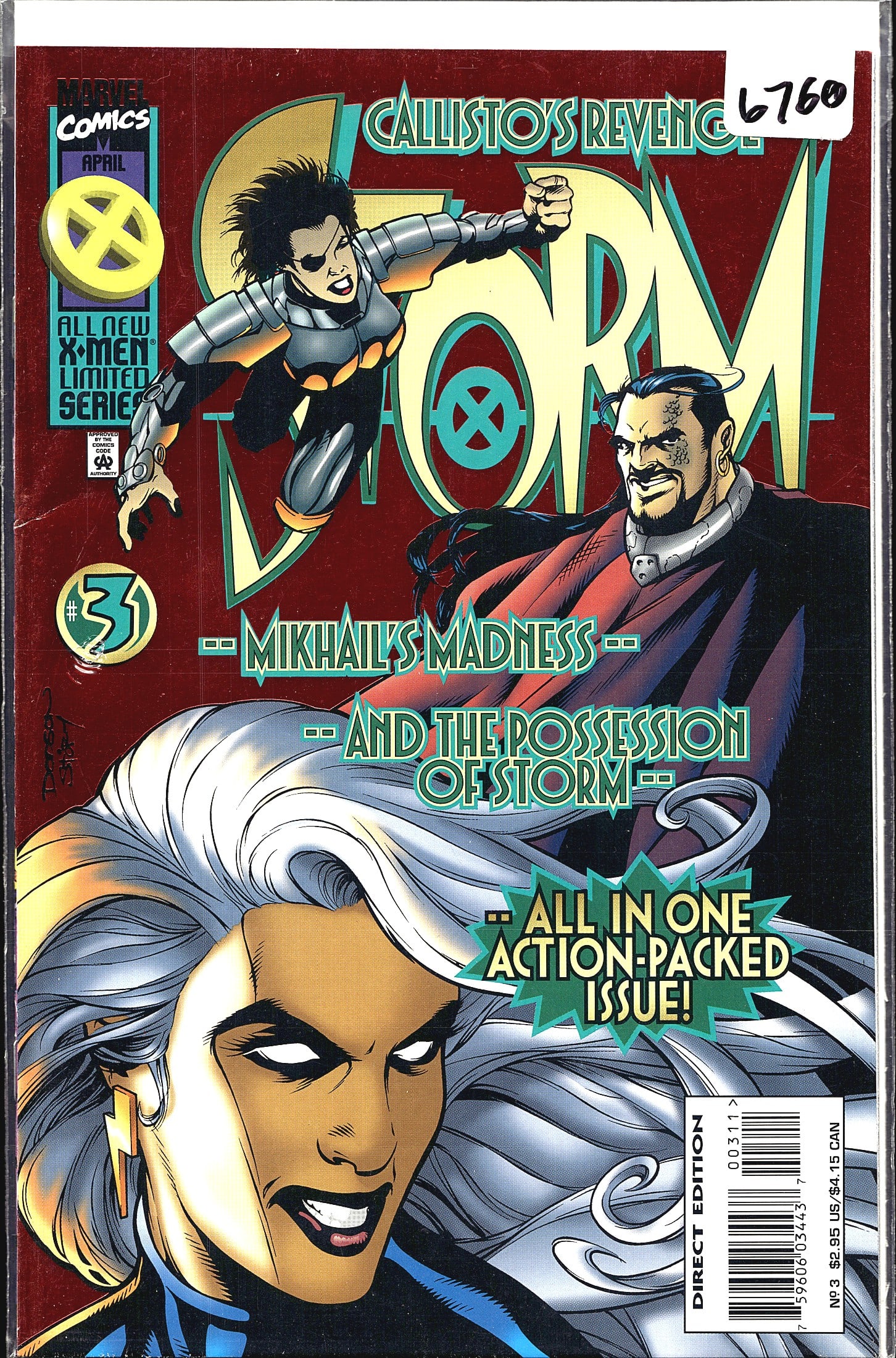 1996 Marvel Comics X-Men Calisto's Revenge Storm: Storm #3 from Marvel Comics, published April 1996 as part of the All New X-Men Limited Series. This issue features the storyline 'Callisto's Revenge' and includes plot elements centered on Mikhail's