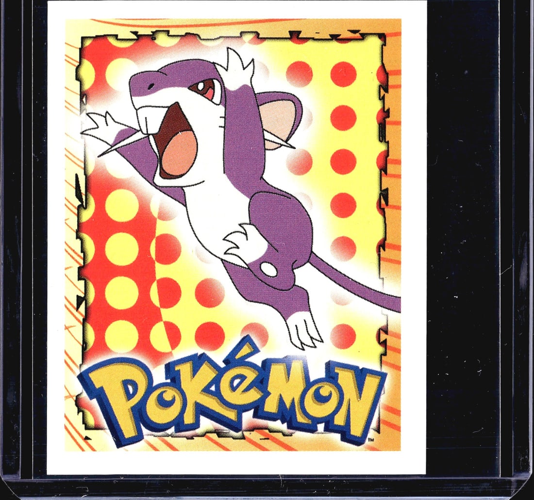 1999 Merlin Topps Pokemon Series 1 Sticker #19: This is sticker #19 from the 1999 Merlin Collections Pokemon sticker series, featuring Ratticate in a dynamic pose against a bold red, yellow, and orange polka-dot background with the iconic Pokemon l