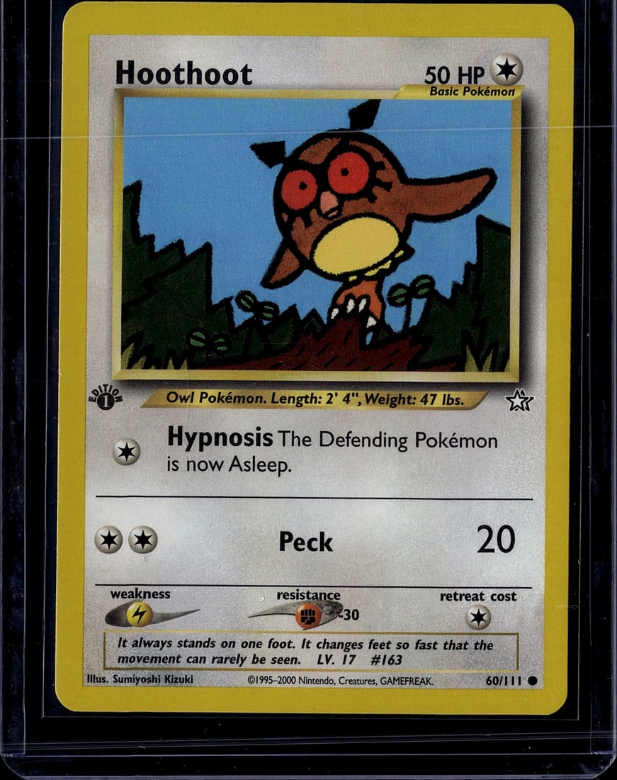 Hoothoot 60/111 Base Set Pokemon Card 2000 - Owl: This is an original Hoothoot Pokemon Trading Card from the Base Set, released by Nintendo in 2000. Card #60/111 features the iconic Owl Pokemon with its distinctive red eyes and brown plumage, illustr