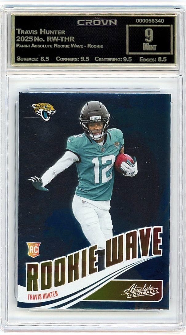 2025 Travis Hunter Panini Absolute Rookie Wave: This is a 2025 Travis Hunter card from the Panini Absolute Rookie Wave set, card number RW-THR. It captures one of the year's most anticipated rookie entries in professionally graded format, making it