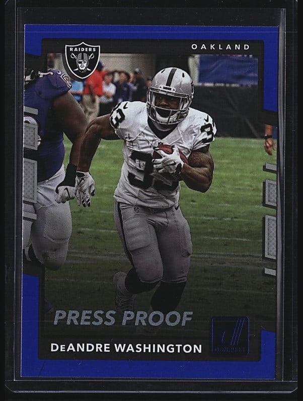 2017 Panini Donruss Football #12 DeAndre: 2017 Panini Donruss Football DeAndre Washington card featuring the Oakland Raiders running back. Card shows Washington in action on the field in his Raiders uniform. This is a press proof version of